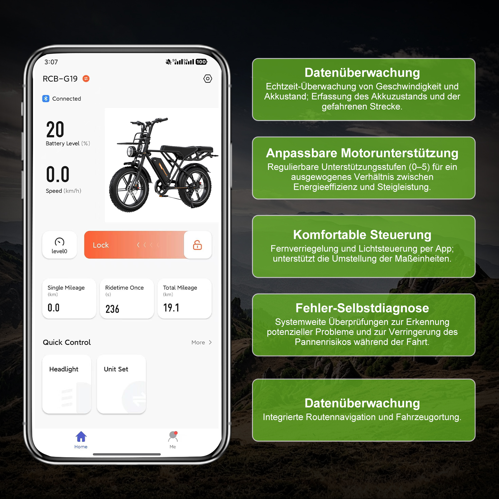 Smartphone-App zeigt E-Bike-Daten, Steuerungsoptionen und grüne Infoboxen mit Funktionsbeschreibungen.