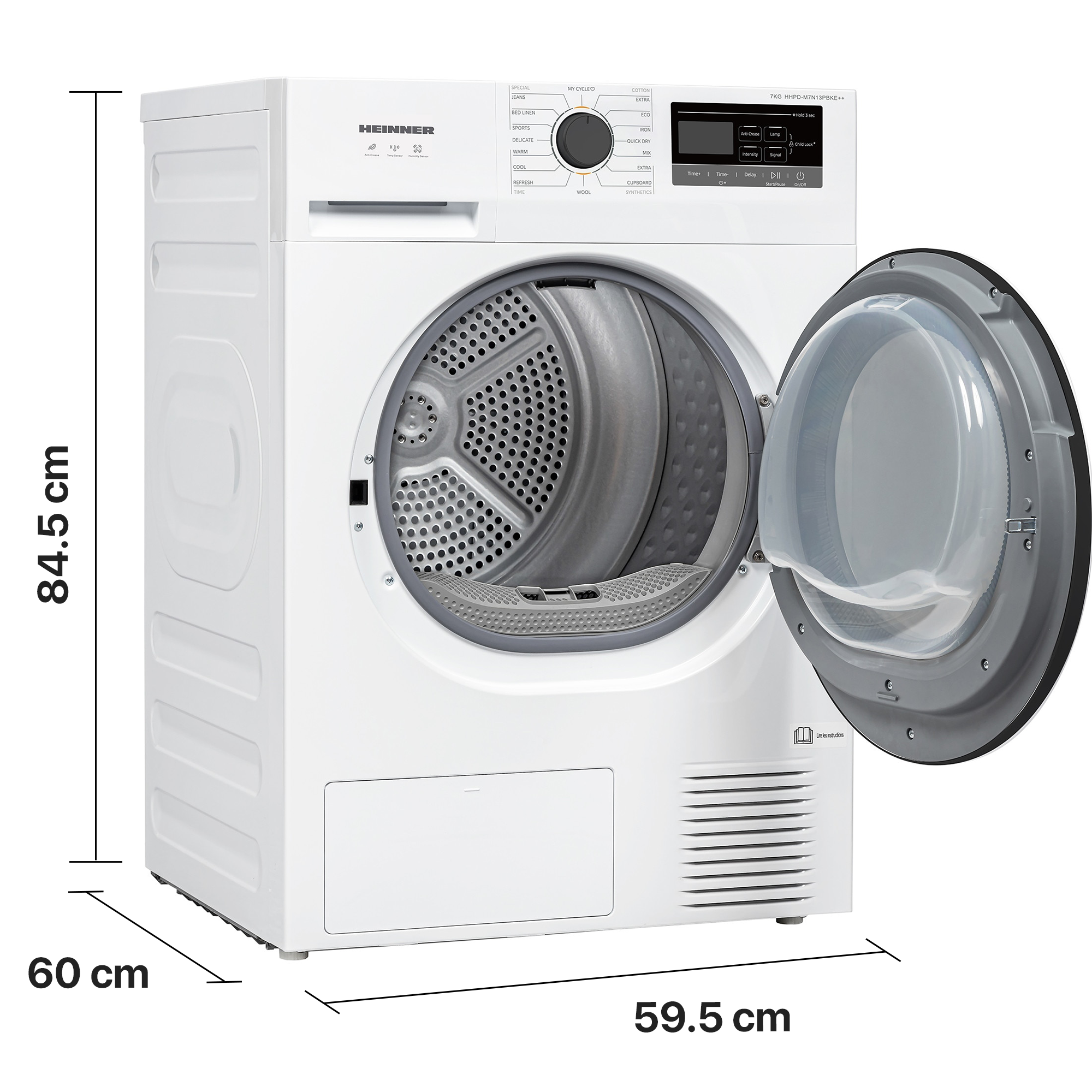 Witte Heinner droogautomaat met open deur en afmetingen van 84.5x59.5x60 cm.