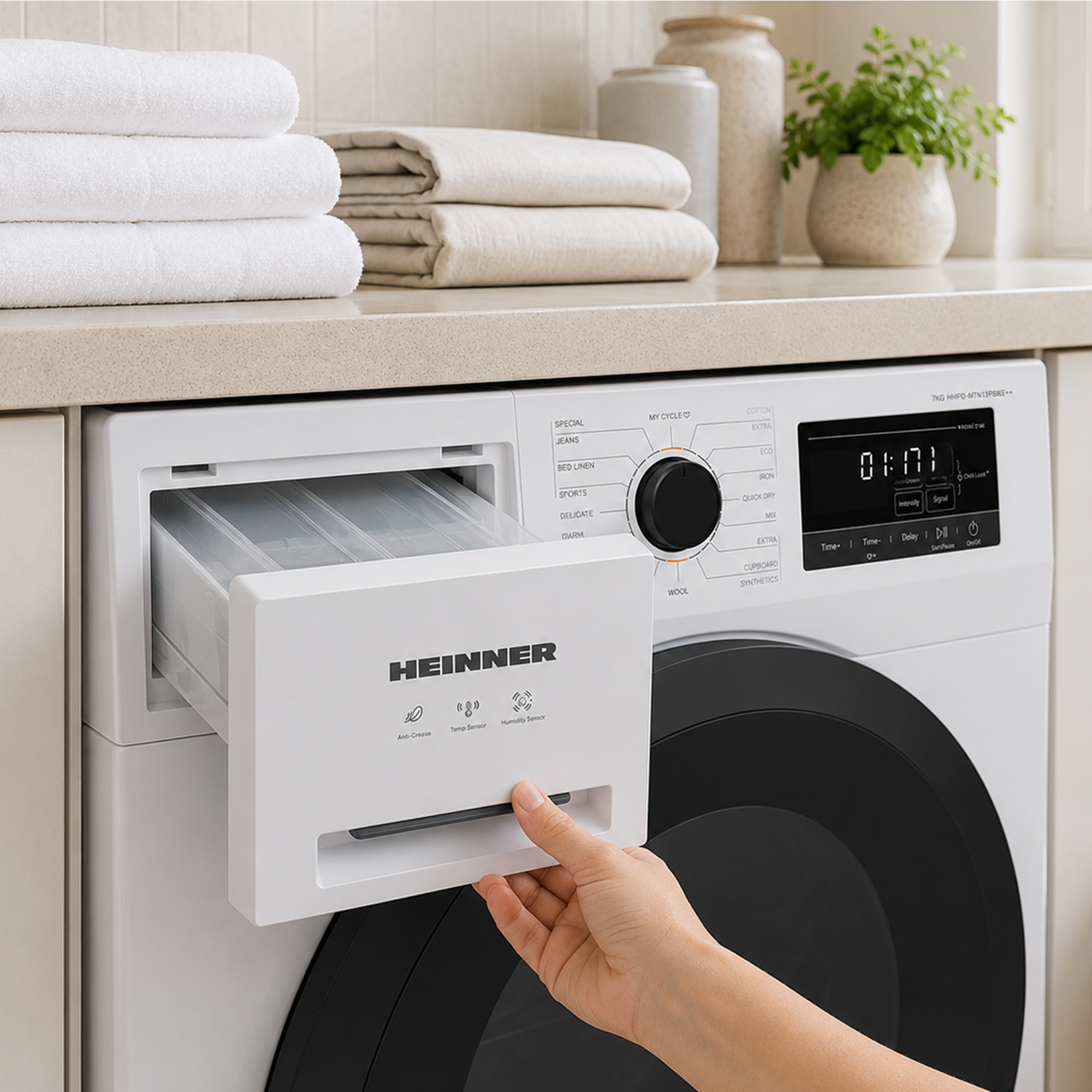 Een hand opent de zeepbak van een witte Heinner wasmachine, met handdoeken op de achtergrond.