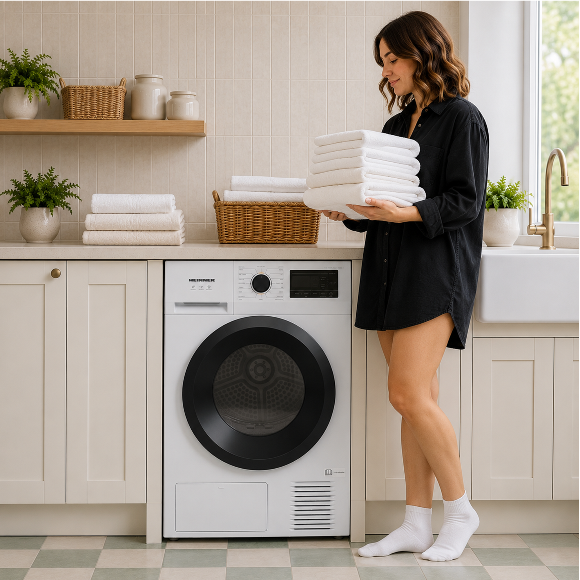 Une femme en chemise noire tient des serviettes blanches pliées devant une machine à laver.