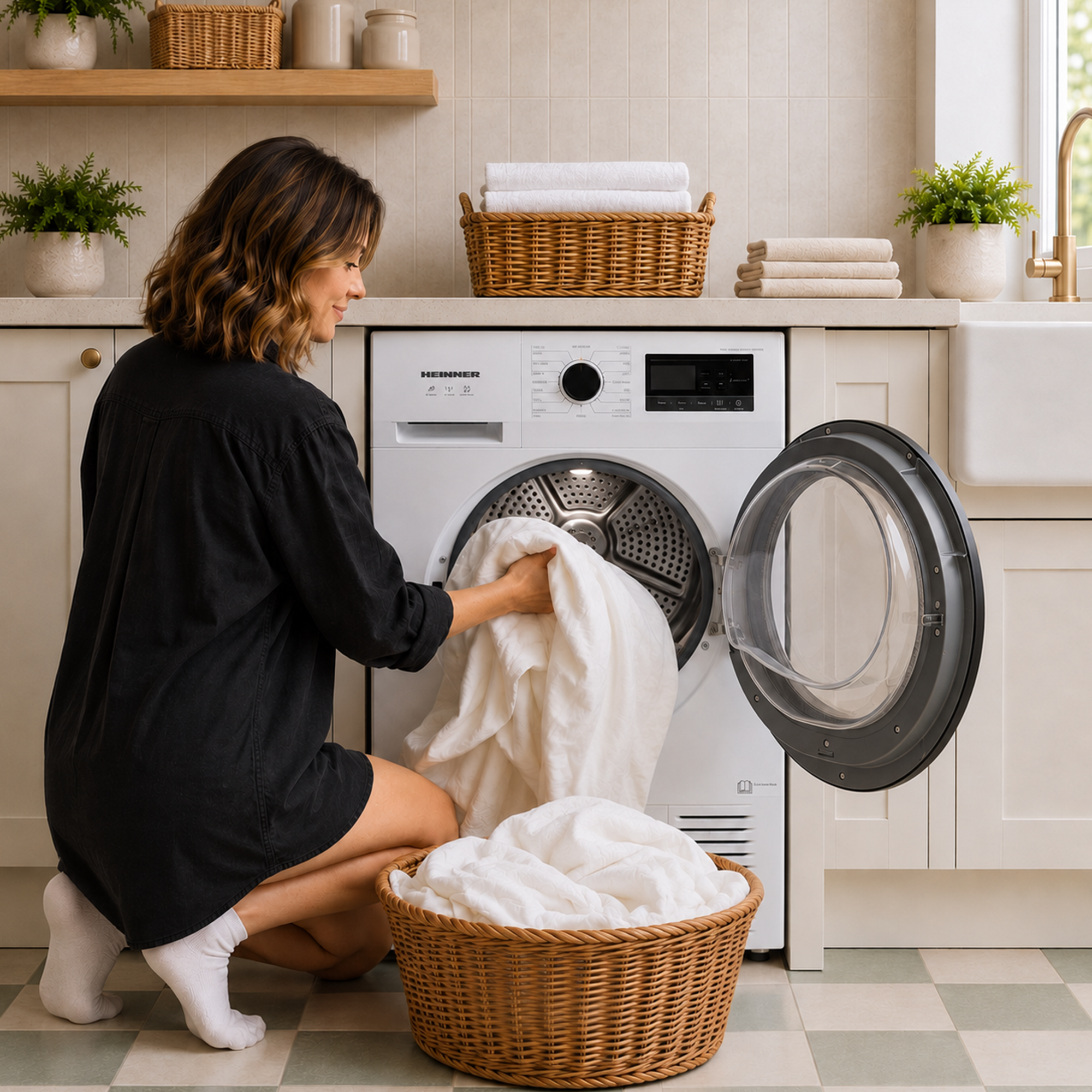 Een vrouw in een zwart shirt knielt in een keuken en haalt witte was uit een wasmachine.