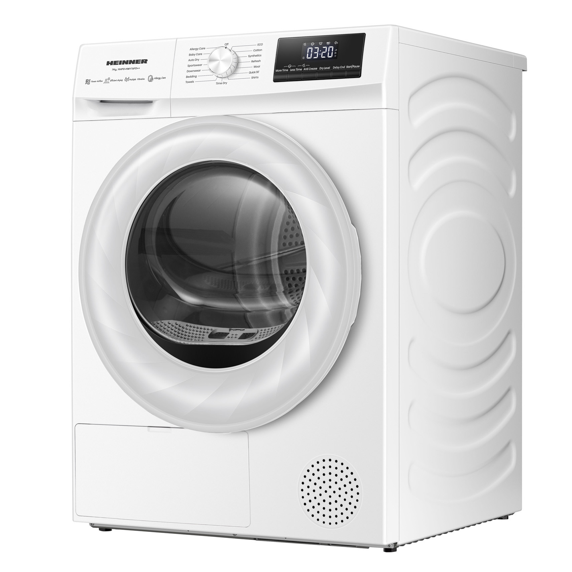 Een witte Heinner wasdroger met glazen deur, draaiknop en digitaal display op een lichte achtergrond.
