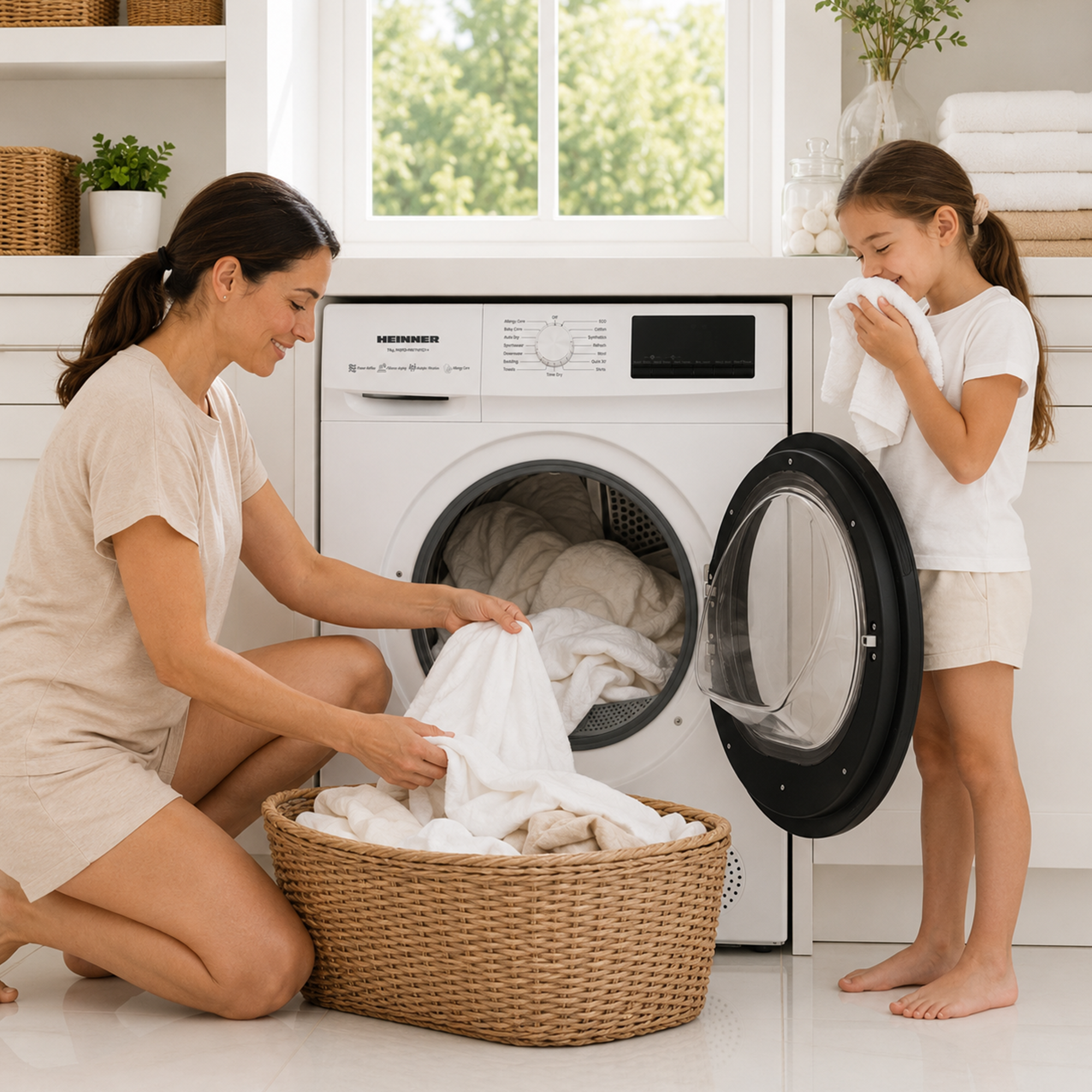 Een vrouw haalt wasgoed uit een mand, terwijl een jonge meisjes aan een handdoek ruikt bij een open wasmachine.