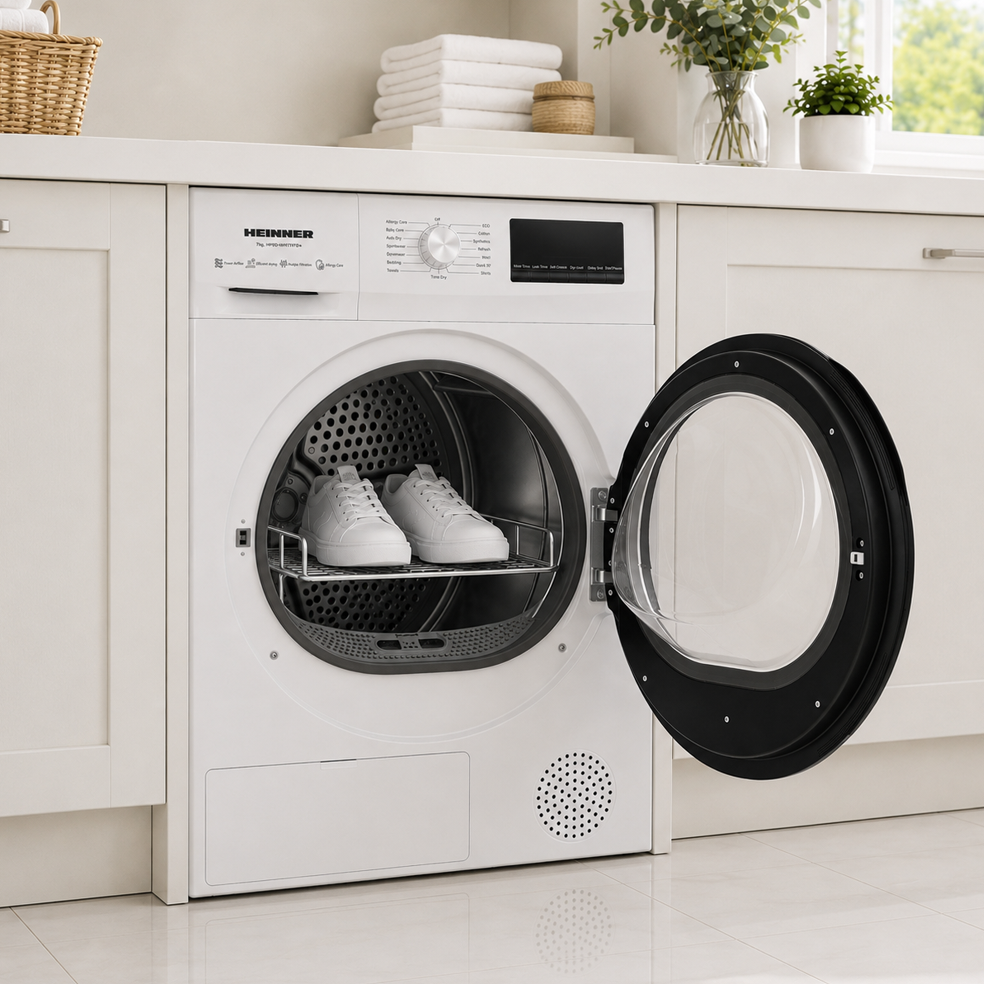 Een witte droger in een keuken met open deur, met een paar witte sneakers op een rekje aan de binnenkant.