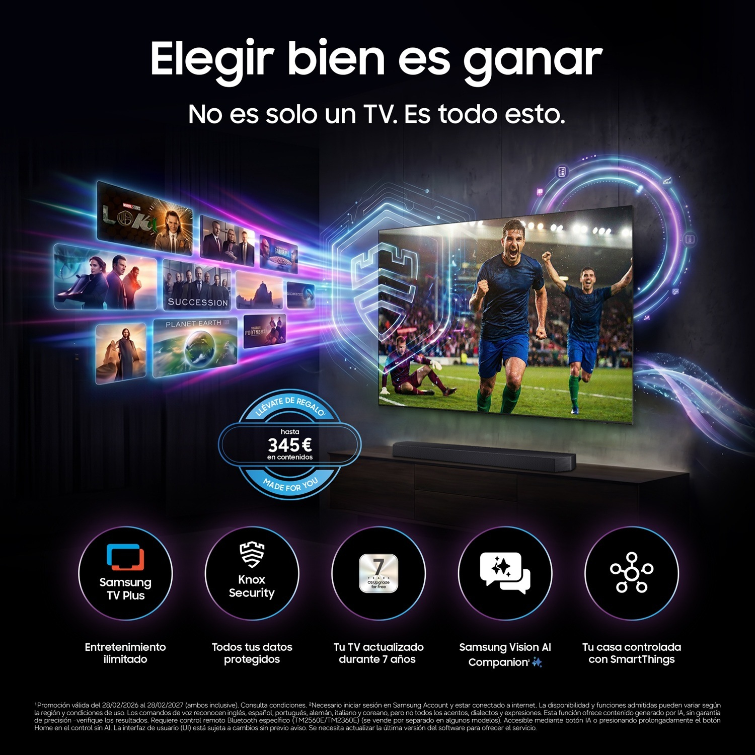 Anuncio de TV Samsung con futbolistas en pantalla, apps flotantes a la izquierda e iconos de seguridad y funciones de IA.