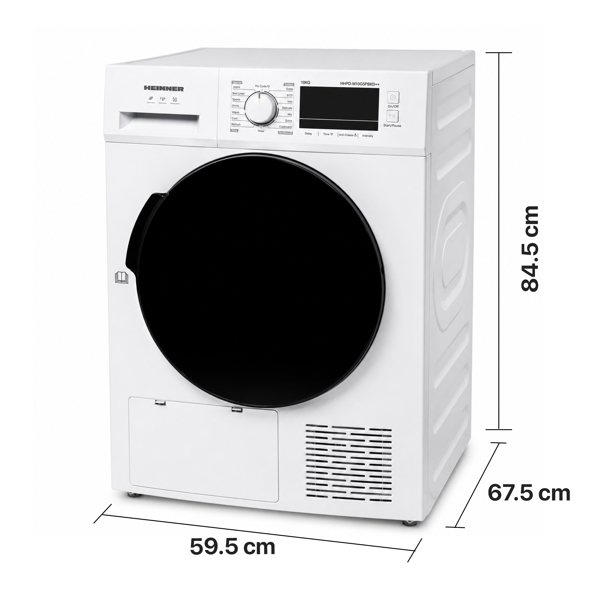 Witte Heinner wasmachine met een zwarte ronde deur en afmetingen in centimeters.