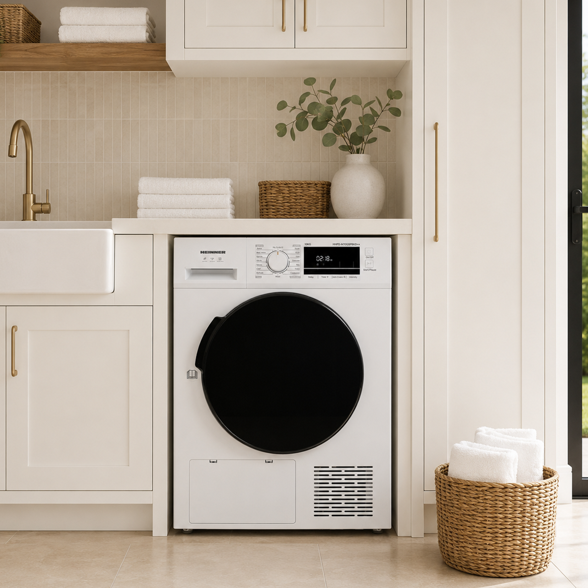 Een witte wasmachine in een heldere bijkeuken met beige kasten, een gootsteen en handdoeken in manden.