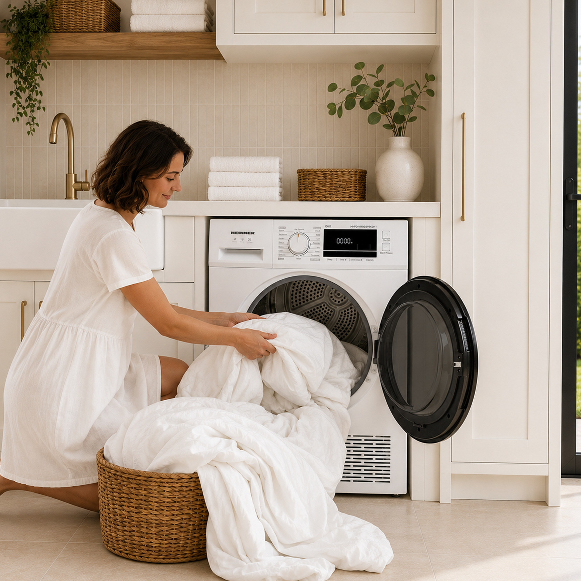 Une femme en robe blanche met du linge de lit blanc dans le lave-linge.