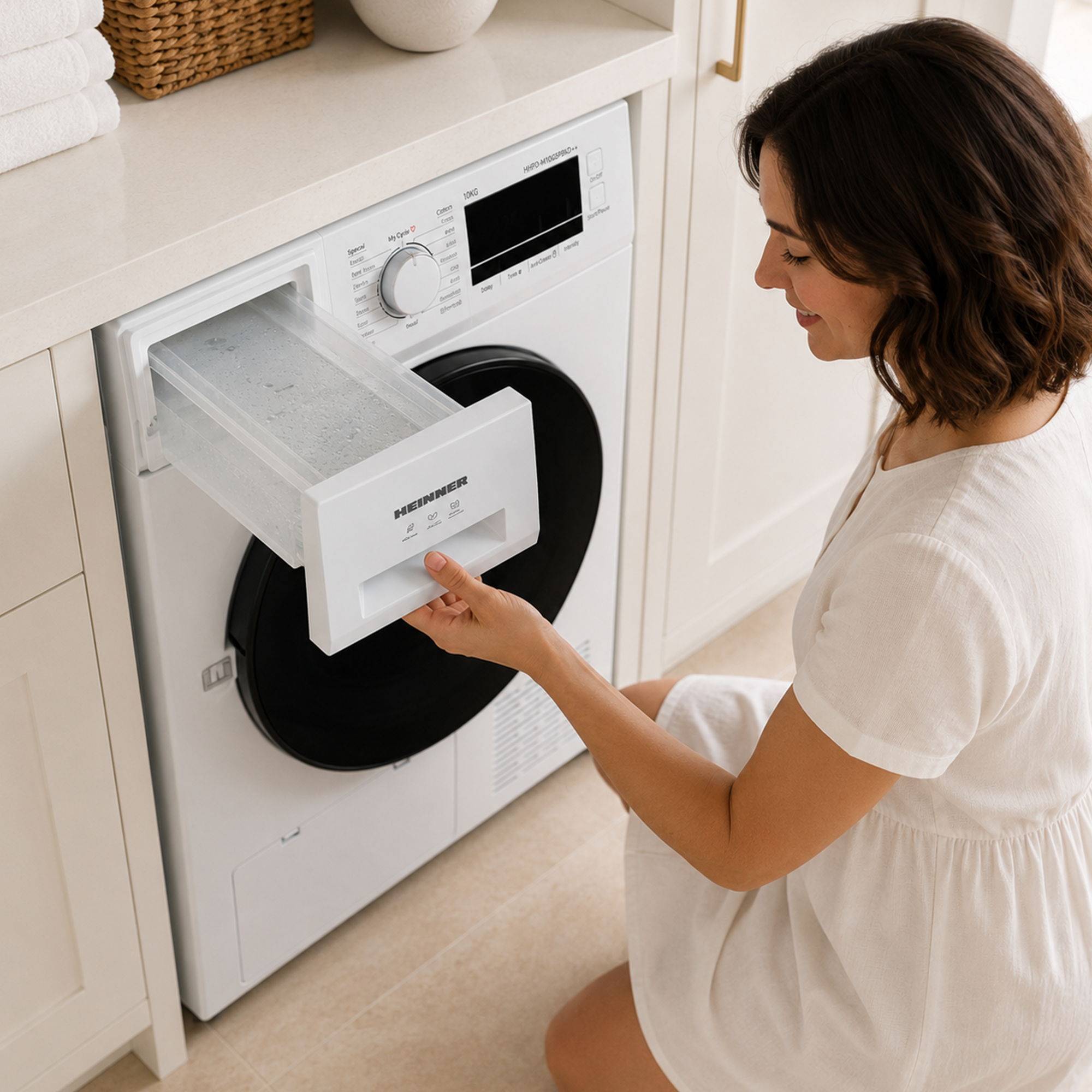 Een vrouw in witte kleding opent de wasmiddellade van een witte wasmachine in een lichte kamer.