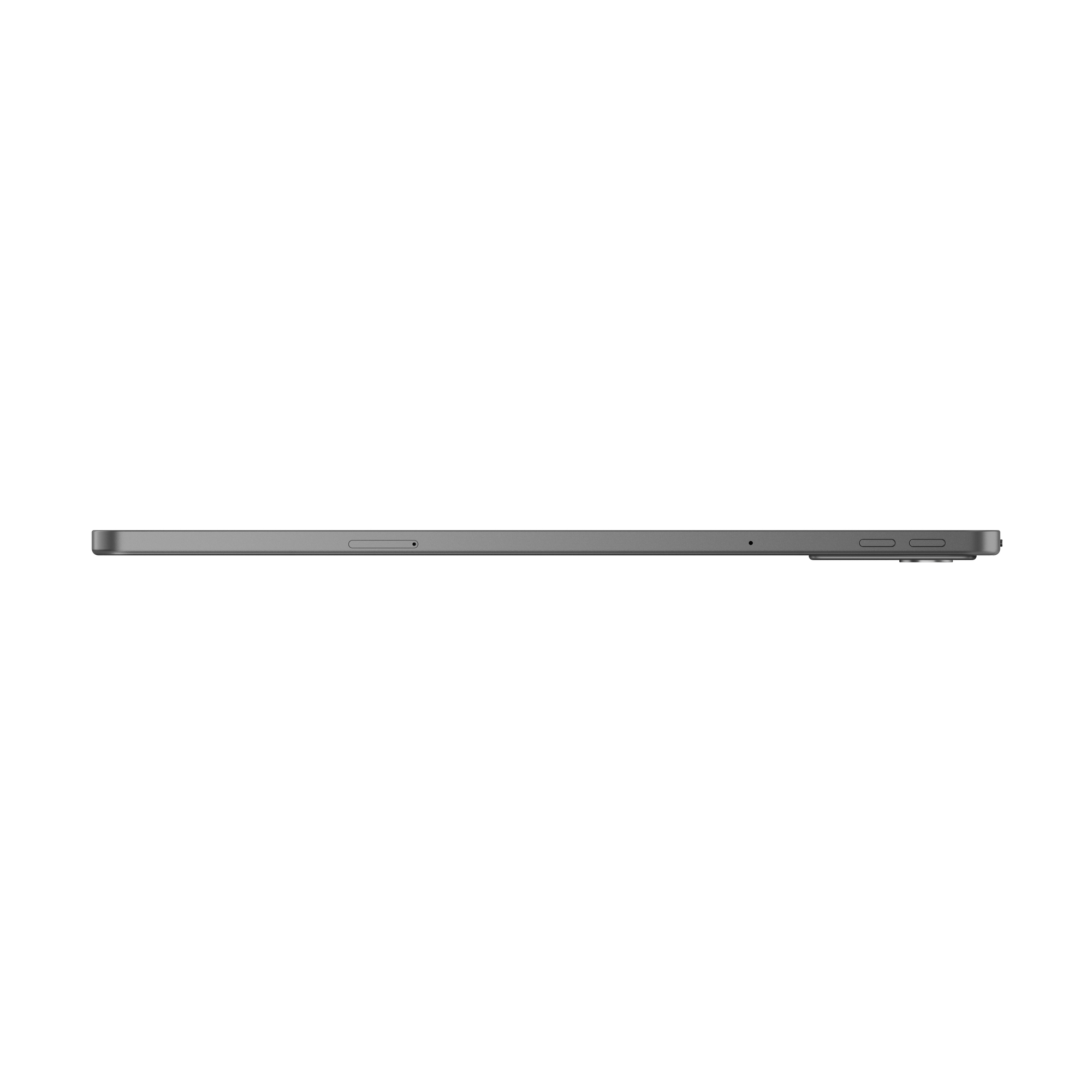 Vista laterale di un tablet sottile e grigio con pulsanti e slot per scheda SIM su sfondo bianco.