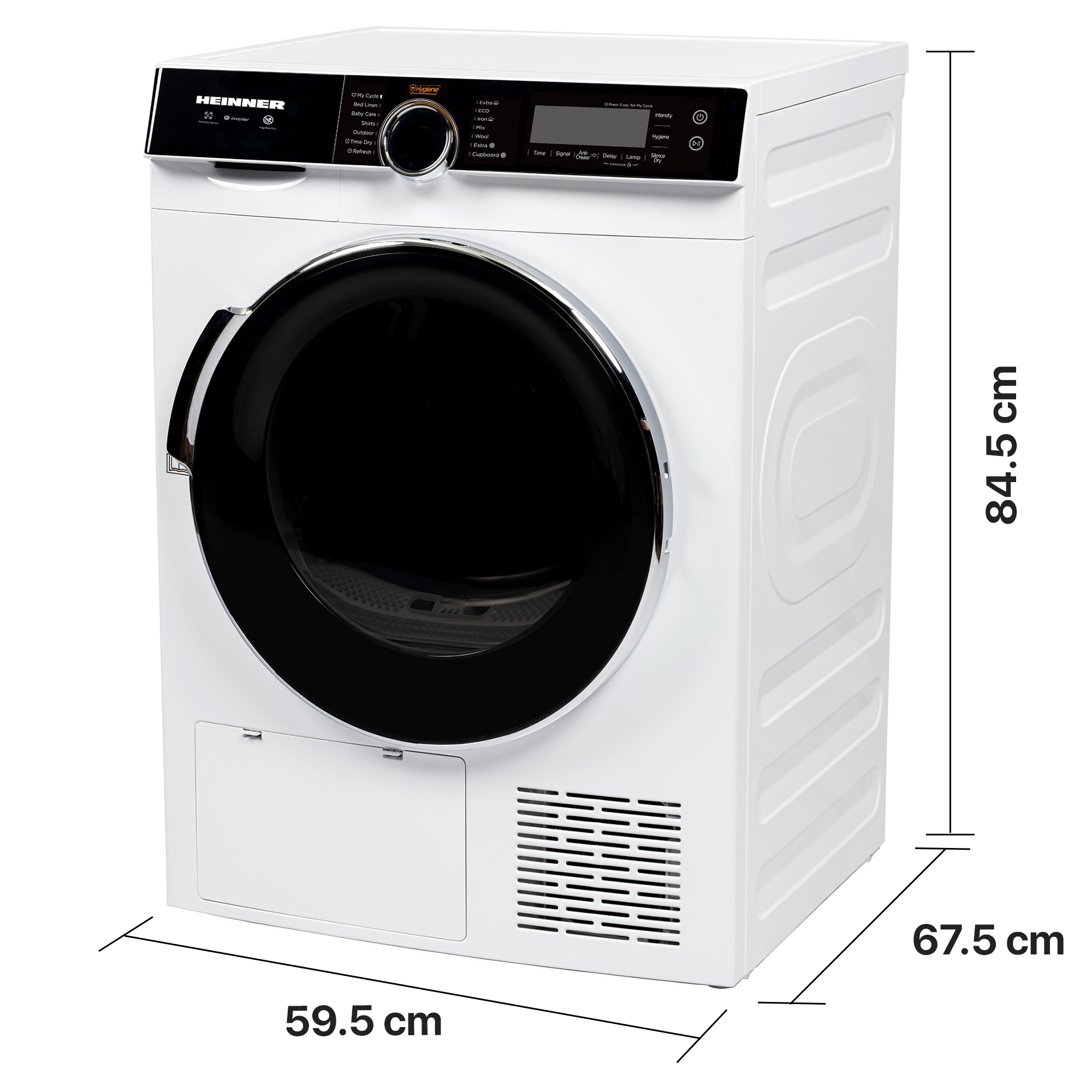 Witte Heinner droogtrommel met zwarte bediening, zwarte deur en afmetingen in cm.
