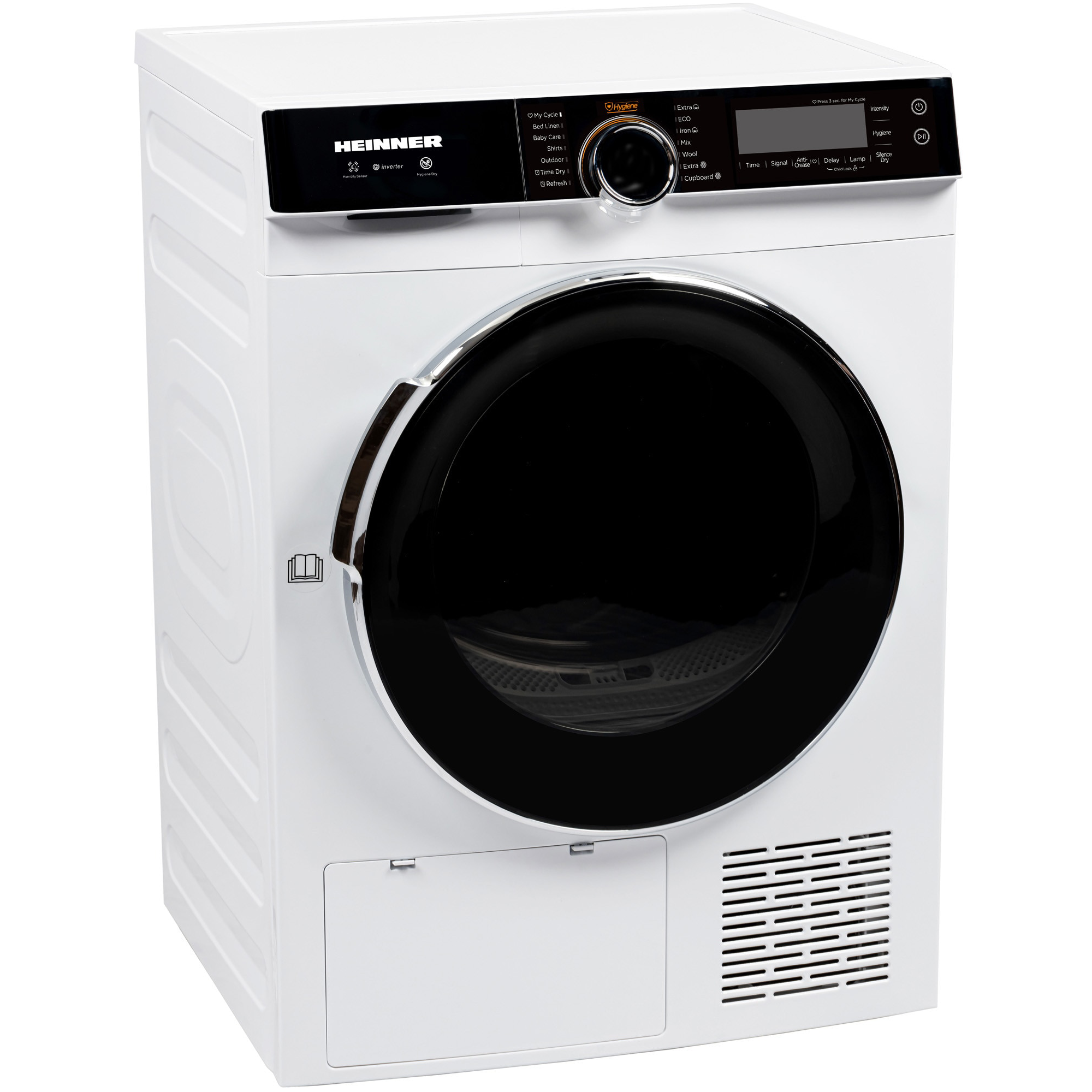 Een witte Heinner droogtrommel met een zwarte deur en digitaal bedieningspaneel op een witte achtergrond.