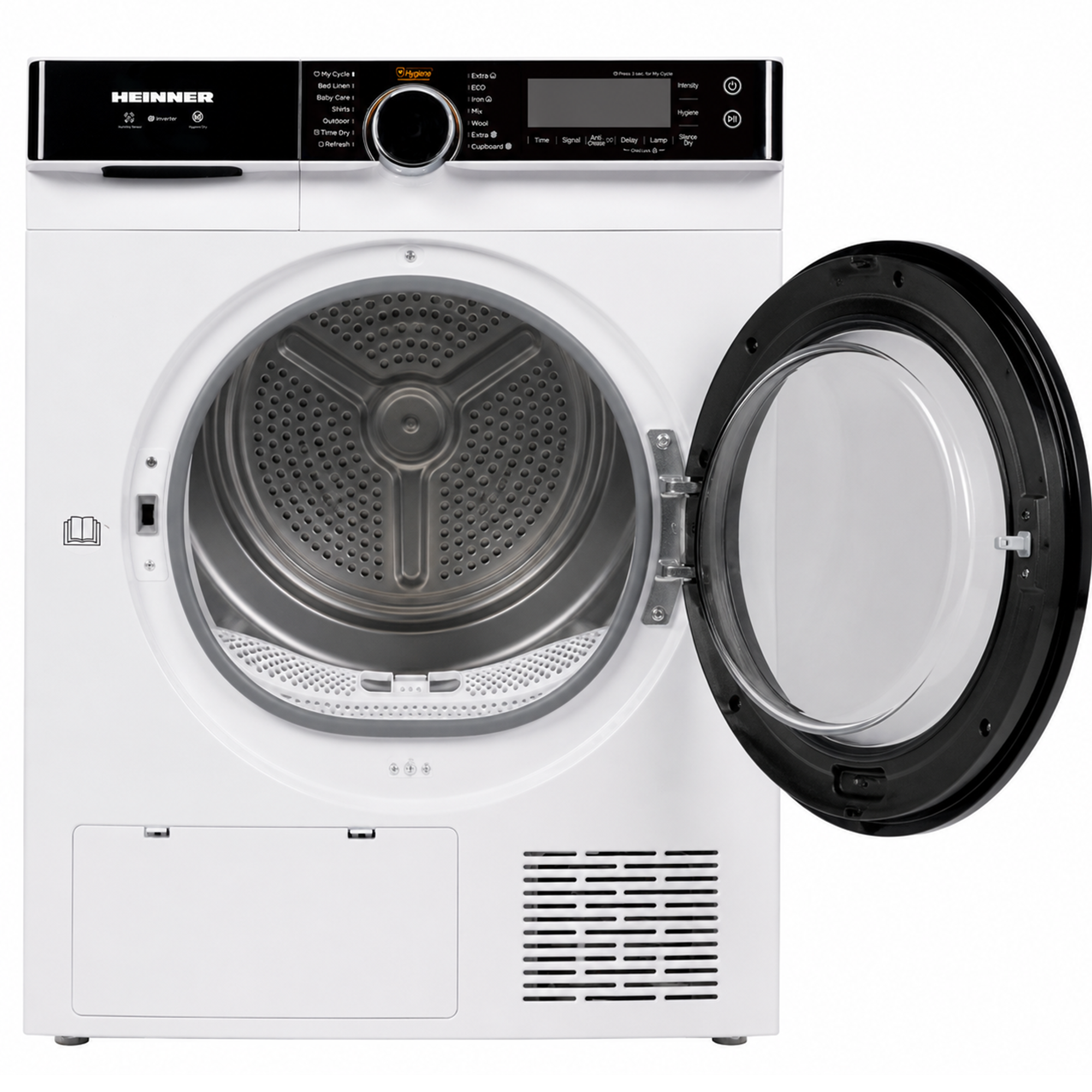 Witte Heinner droogautomaat met open zwarte deur, digitaal display en RVS trommel.