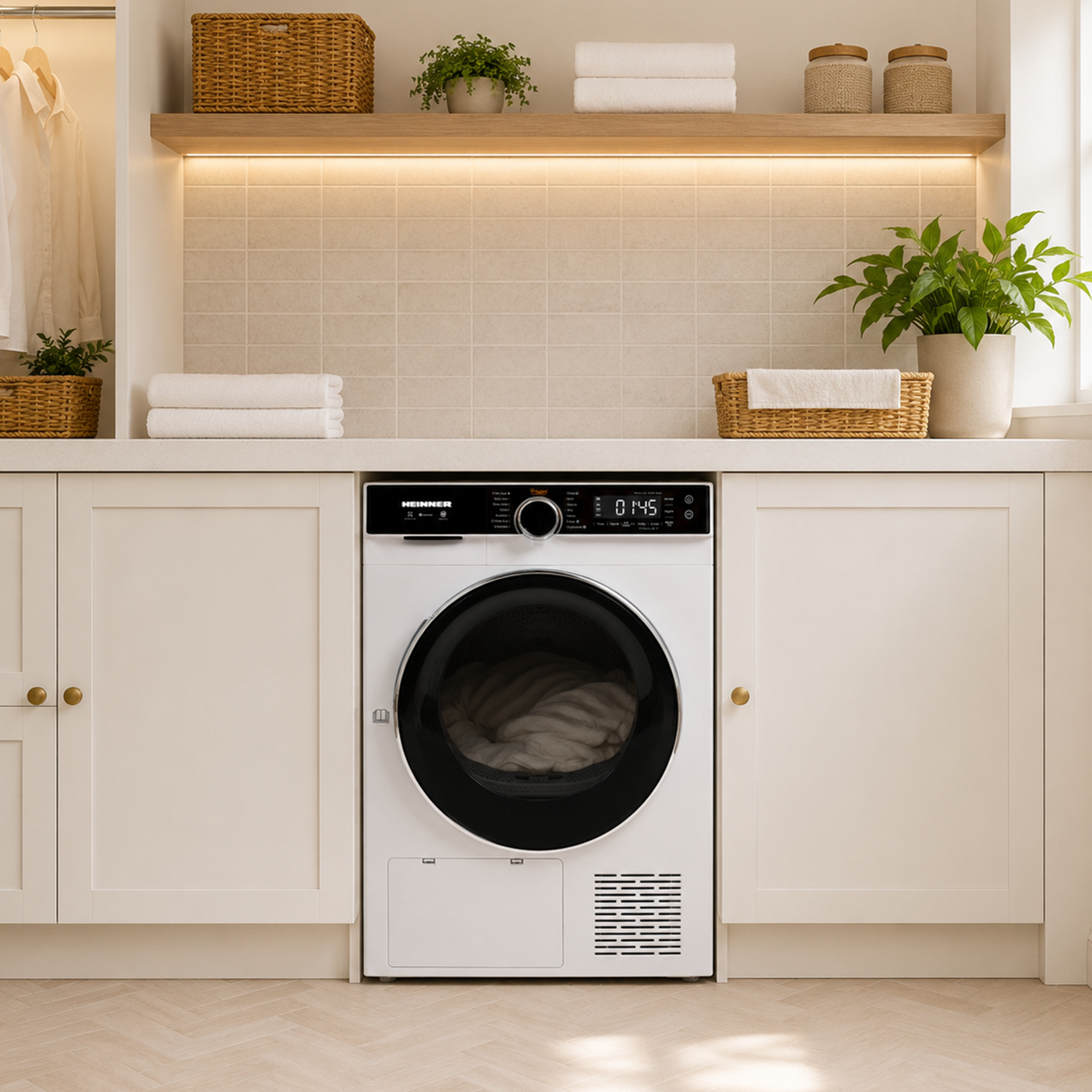 Een witte wasmachine in een moderne bijkeuken met houten planken, planten en opgevouwen handdoeken.