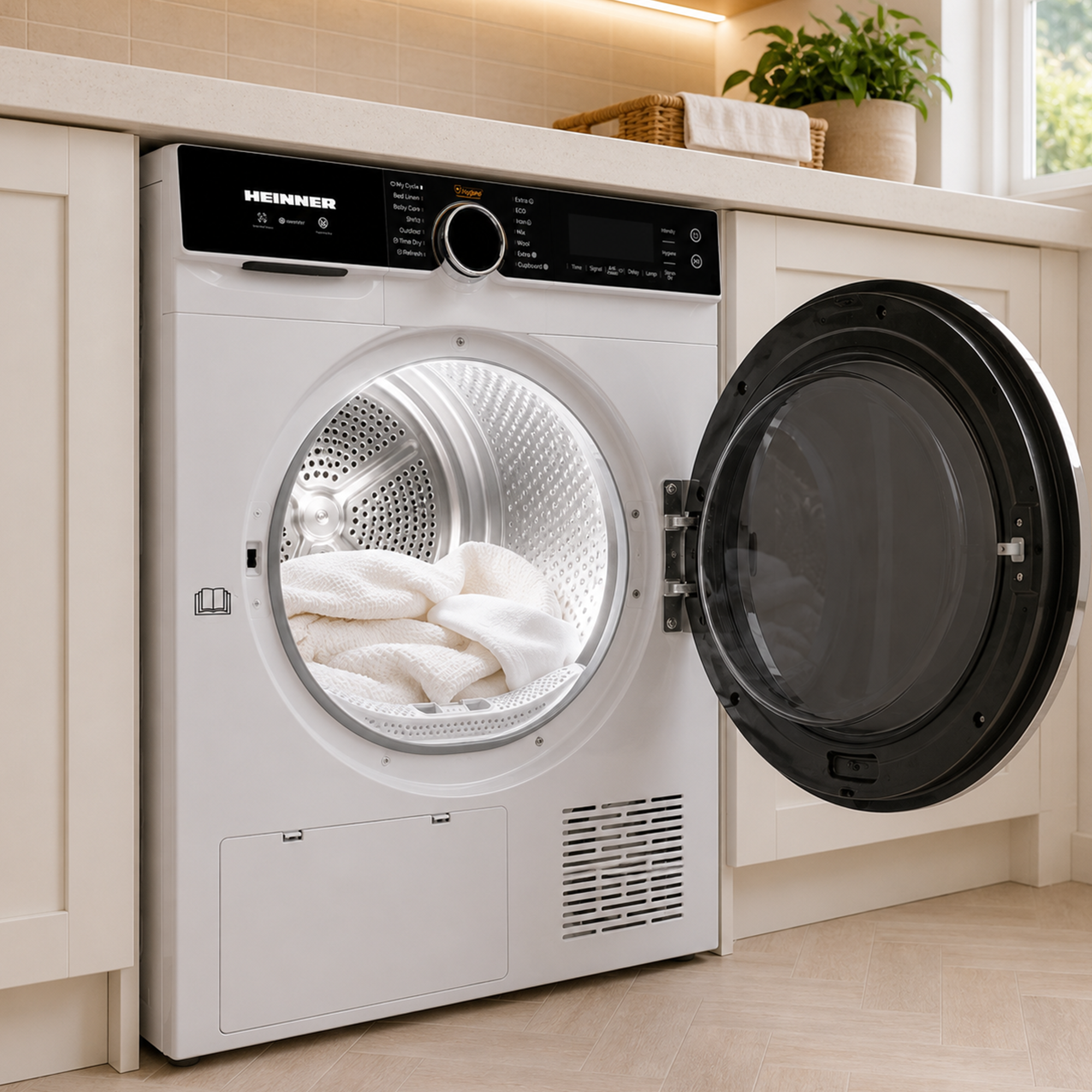 Een witte Heinner wasdroger met open deur staat in een keuken, met witte handdoeken erin.