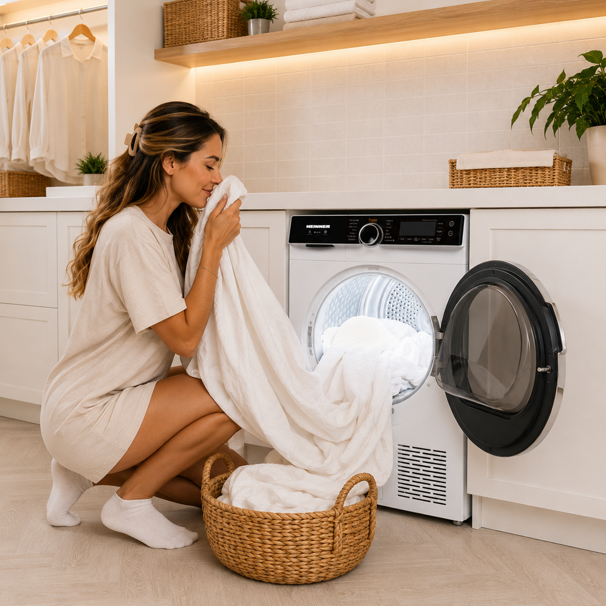 Une femme agenouillée près d'un lave-linge sent du linge blanc frais avec un panier en osier.