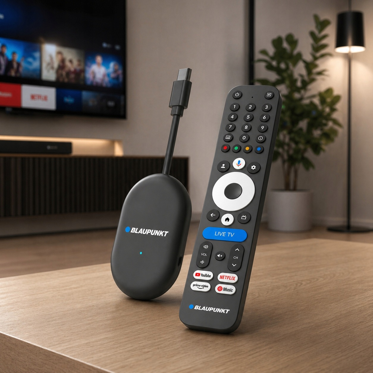 Czarny dongle TV Blaupunkt z kablem i pilot stoją na drewnianym stole przed salonem.
