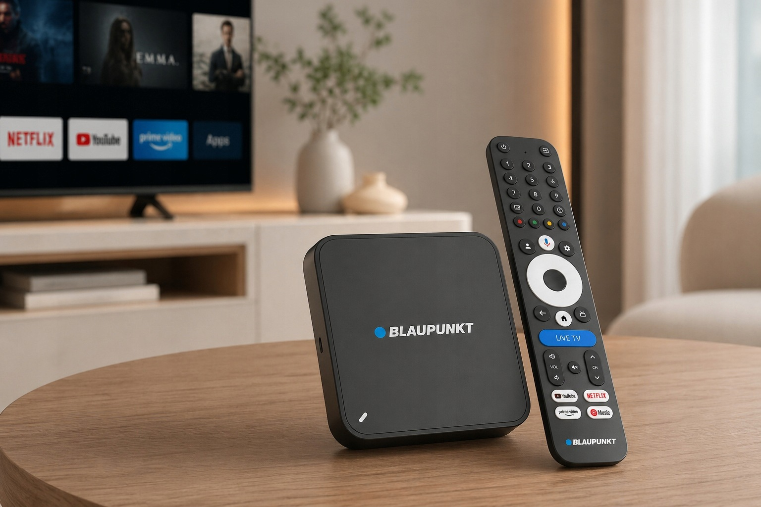 Czarny tuner telewizyjny Blaupunkt z pilotem na drewnianym stole, w tle telewizor.