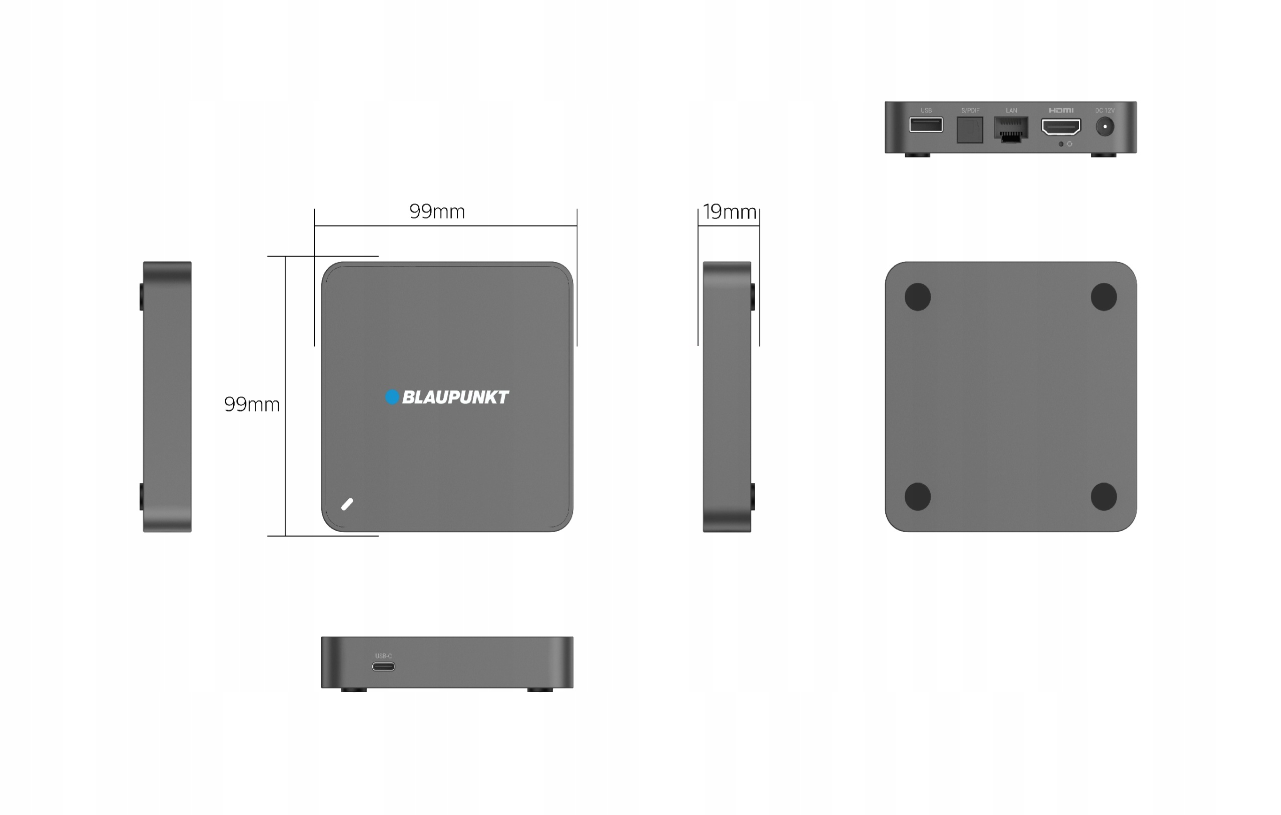 Rysunek techniczny i widoki szarego TV boxa Blaupunkt o wymiarach 99x99x19 mm i portach.