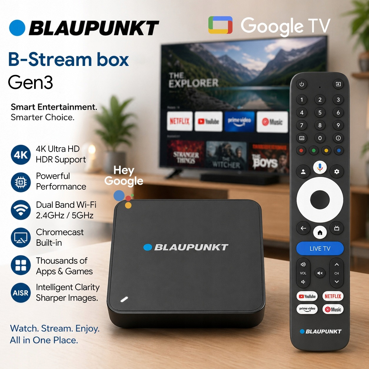 Blaupunkt B-Stream box Gen3 z pilotem, interfejsem Google TV i listą funkcji na drewnianej powierzchni.