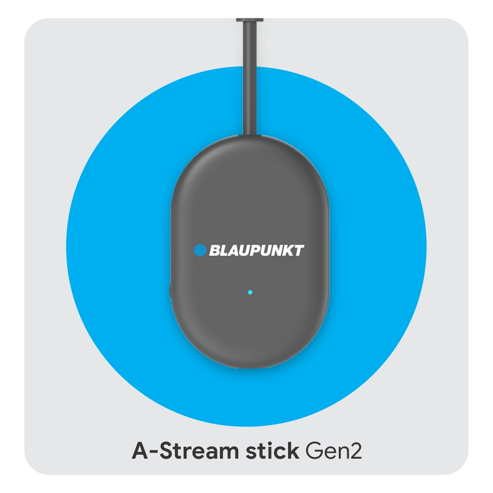 Czarny Blaupunkt A-Stream Stick Gen2 na niebieskim tle z białym napisem.