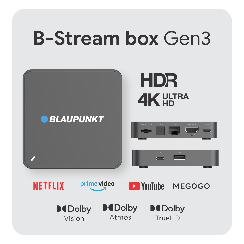 Blaupunkt B-Stream box Gen3 z portami, HDR, 4K i logo streamingowymi.