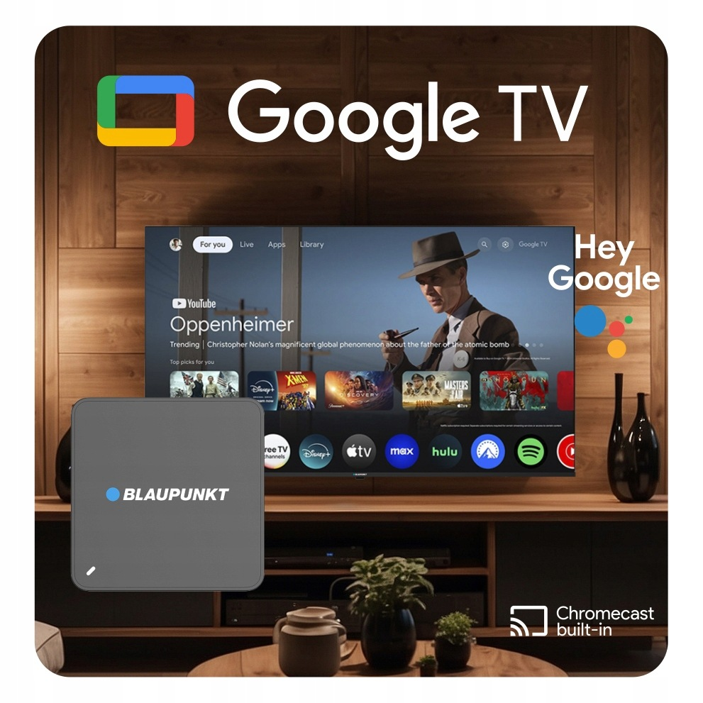 Logo Google TV, ekran z Oppenheimerem, urządzenie Blaupunkt i logo Chromecast built-in na drewnie.