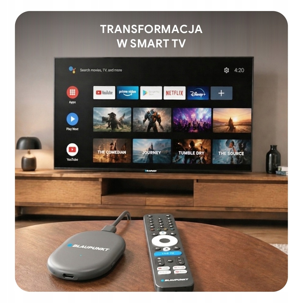 Urządzenie streamingowe Blaupunkt z pilotem przed telewizorem.