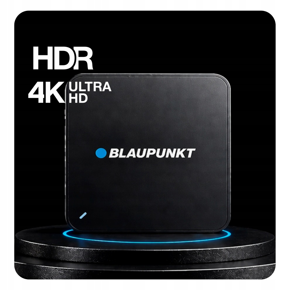 Czarne pudełko streamingowe Blaupunkt na świecącym postumencie z napisem HDR i 4K Ultra HD.