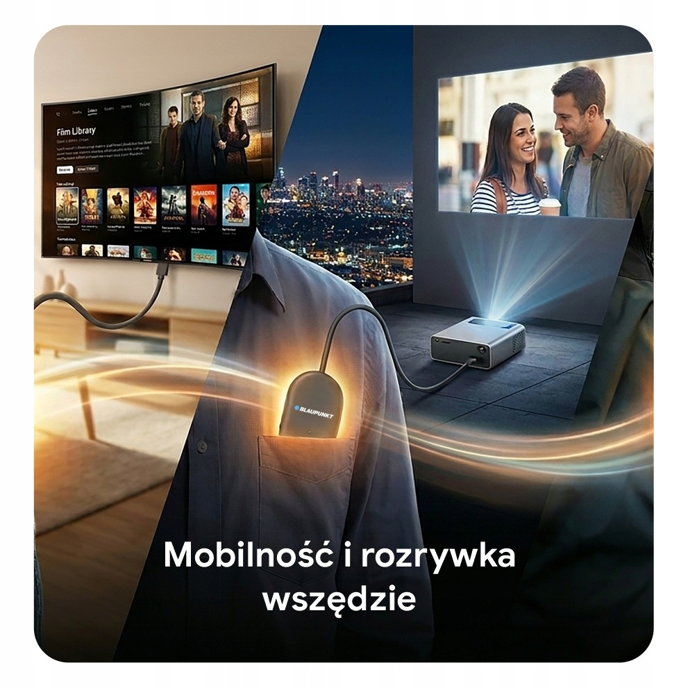 Przenośny projektor wyświetla obraz na ścianie na tle nocnej panoramy miasta.