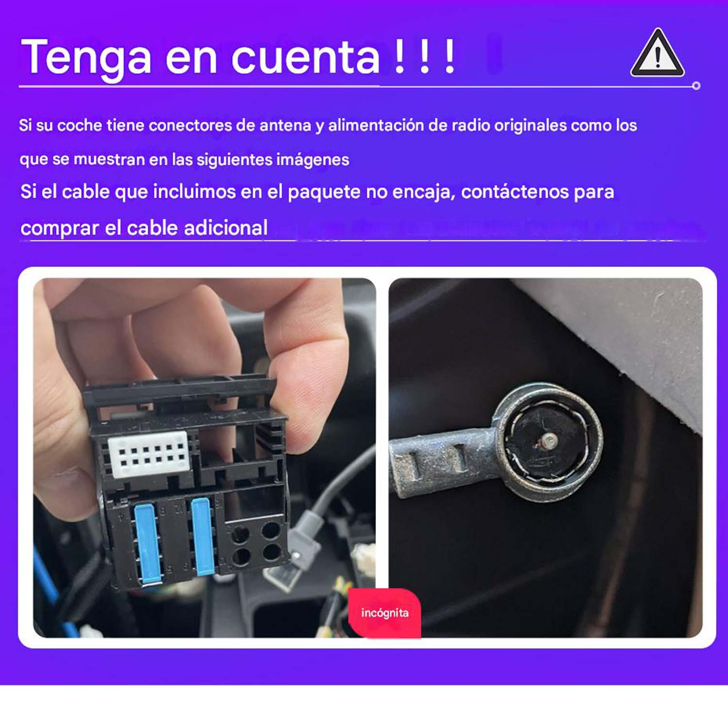 Gráfico informativo en español con dos fotos de cables de conector de coche sobre un fondo morado.