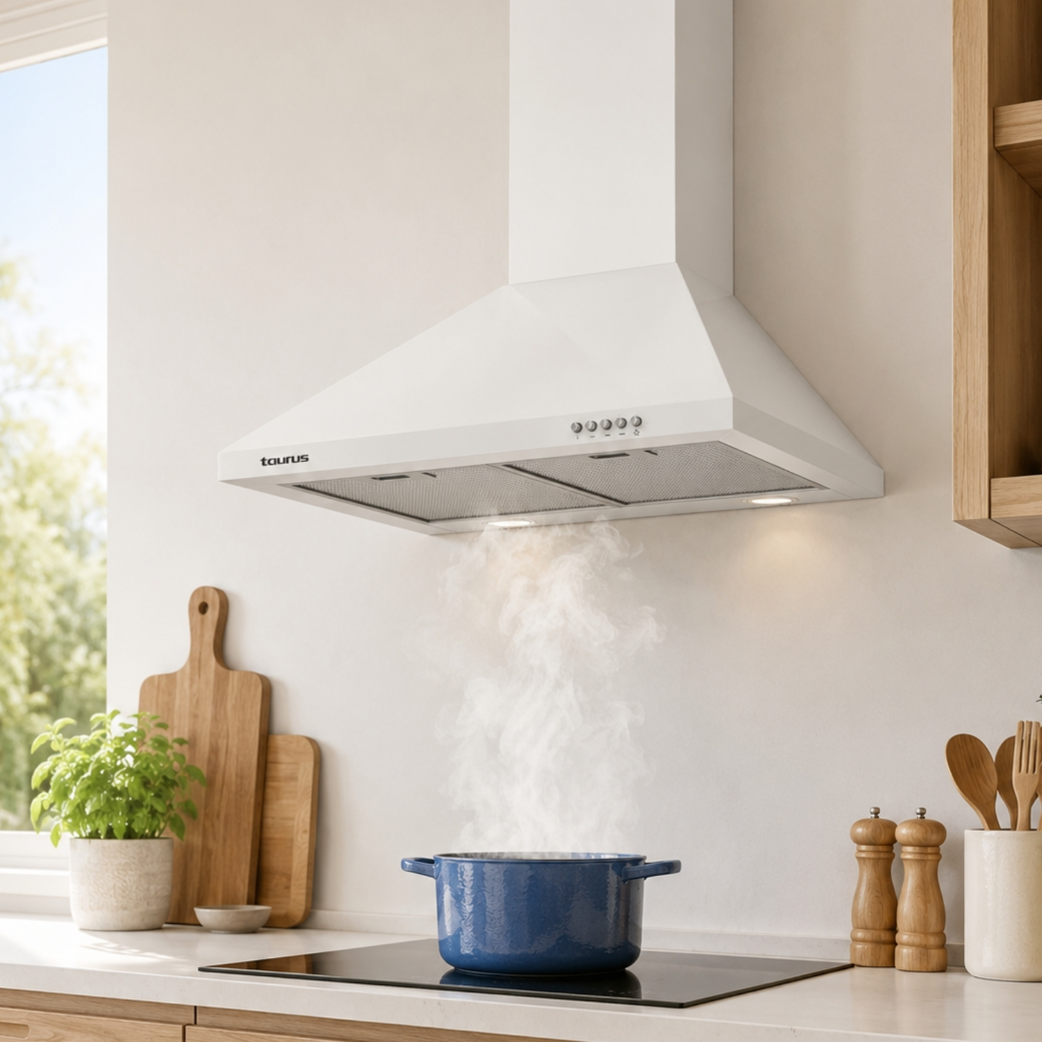 Una campana extractora blanca sobre una olla azul en una estufa, con vapor subiendo.
