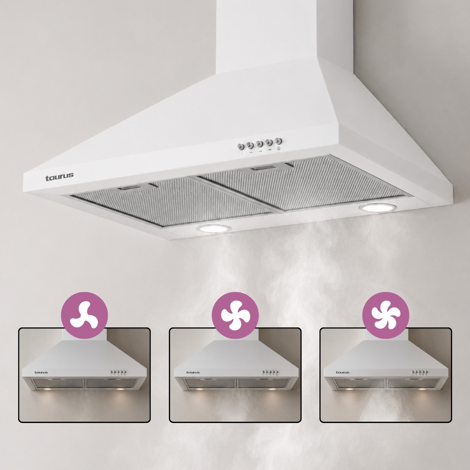 Campana extractora blanca con tres niveles de potencia y vapor ascendente.