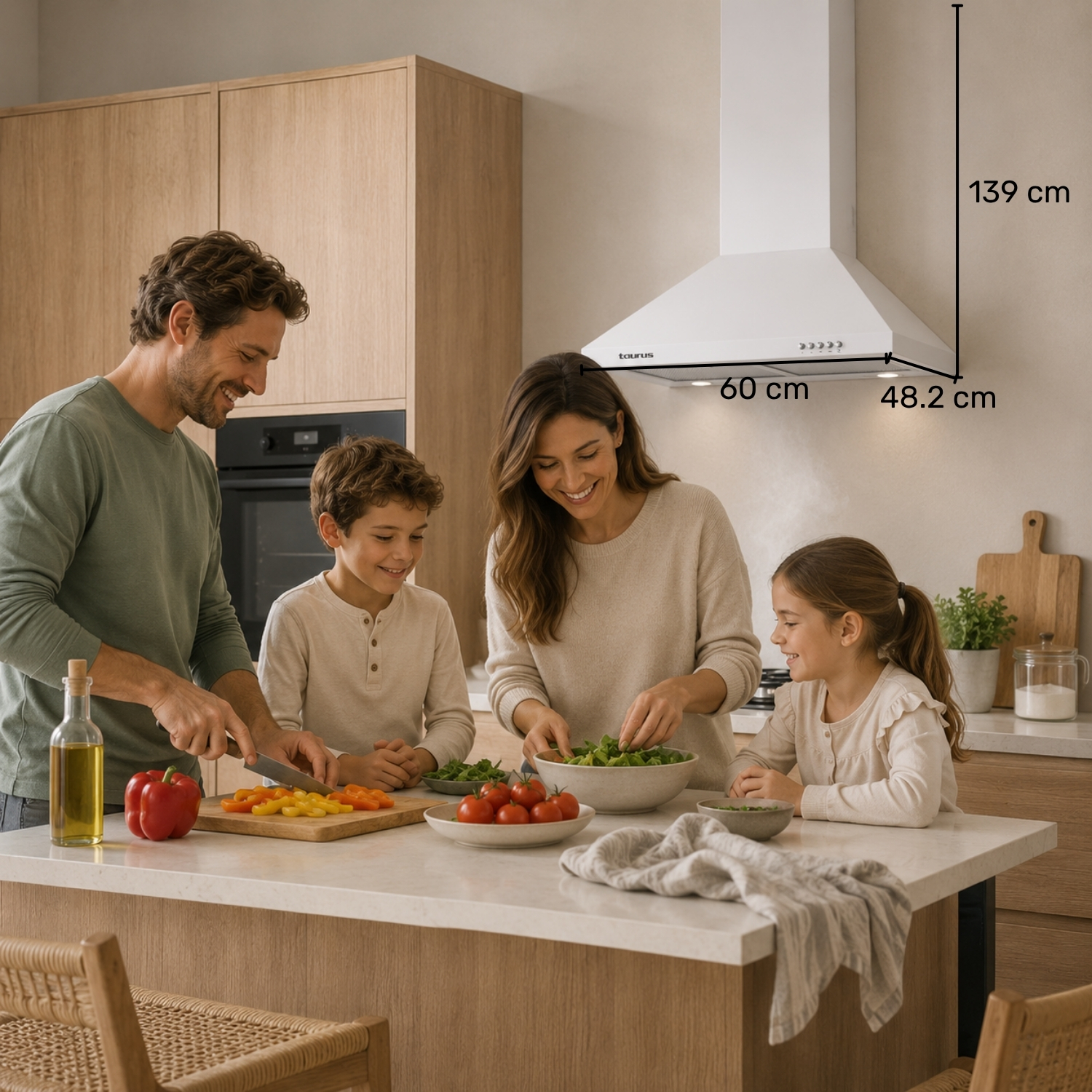 Una familia de cuatro cocina juntos en una cocina moderna mientras una campana extractora blanca muestra medidas.