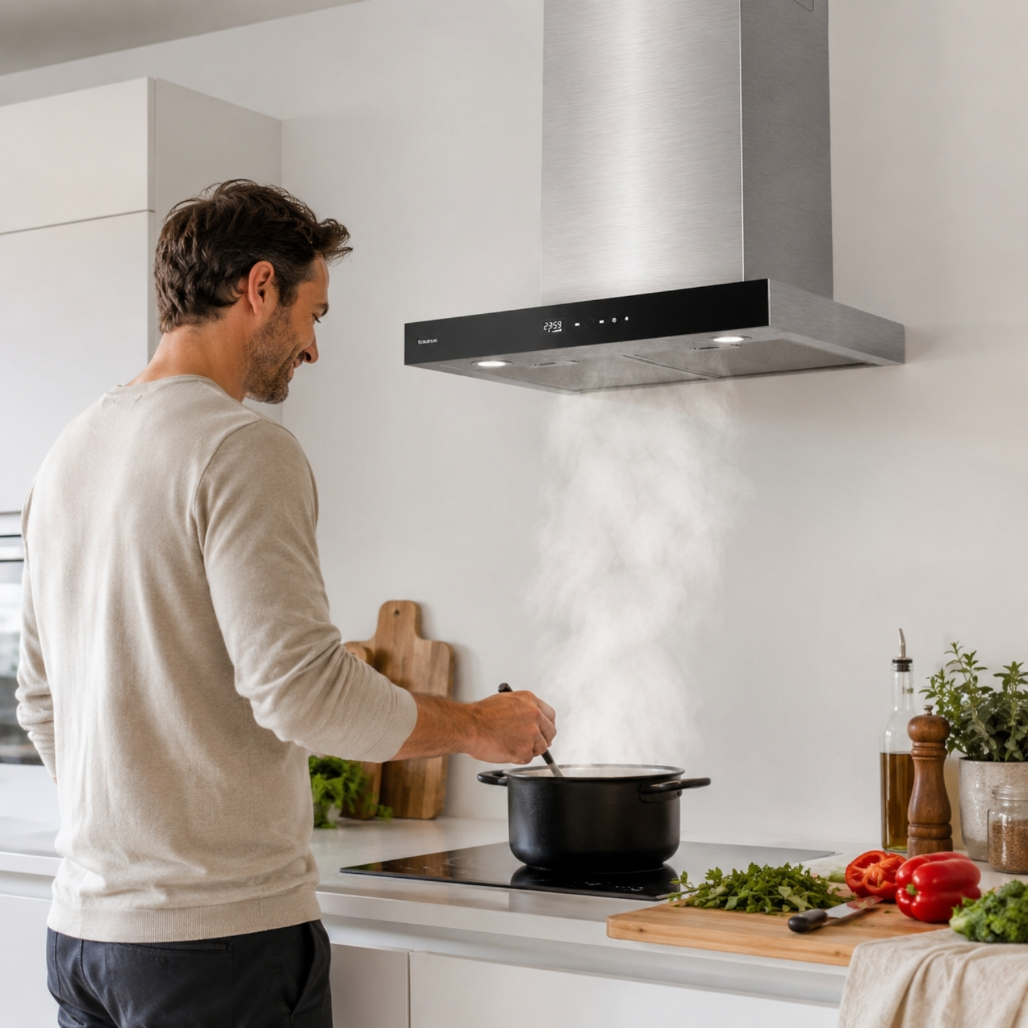 Un hombre cocina en una estufa bajo una campana de acero, con vapor saliendo de una olla y verduras frescas.