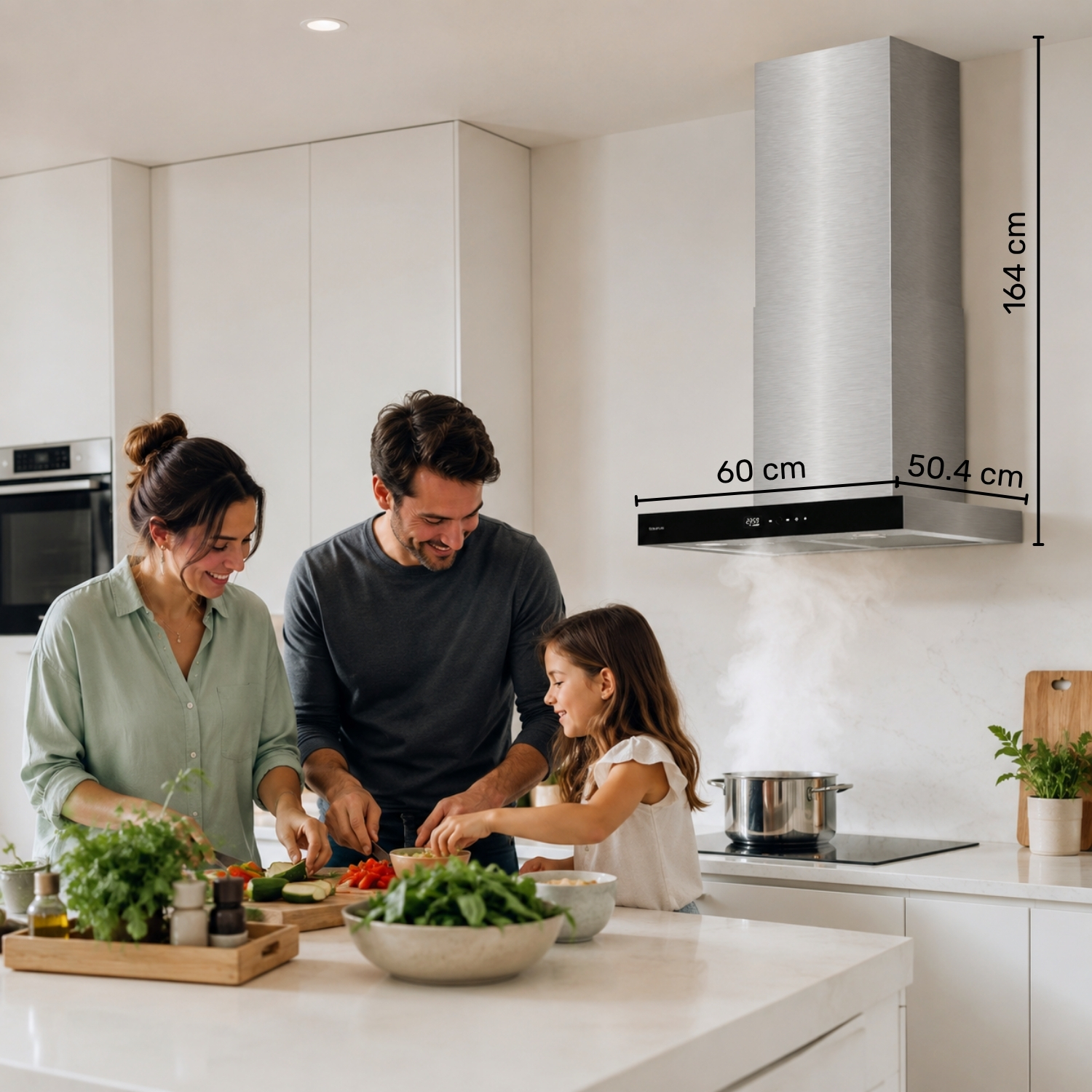 Una familia cocina junta en una cocina moderna con una campana extractora.