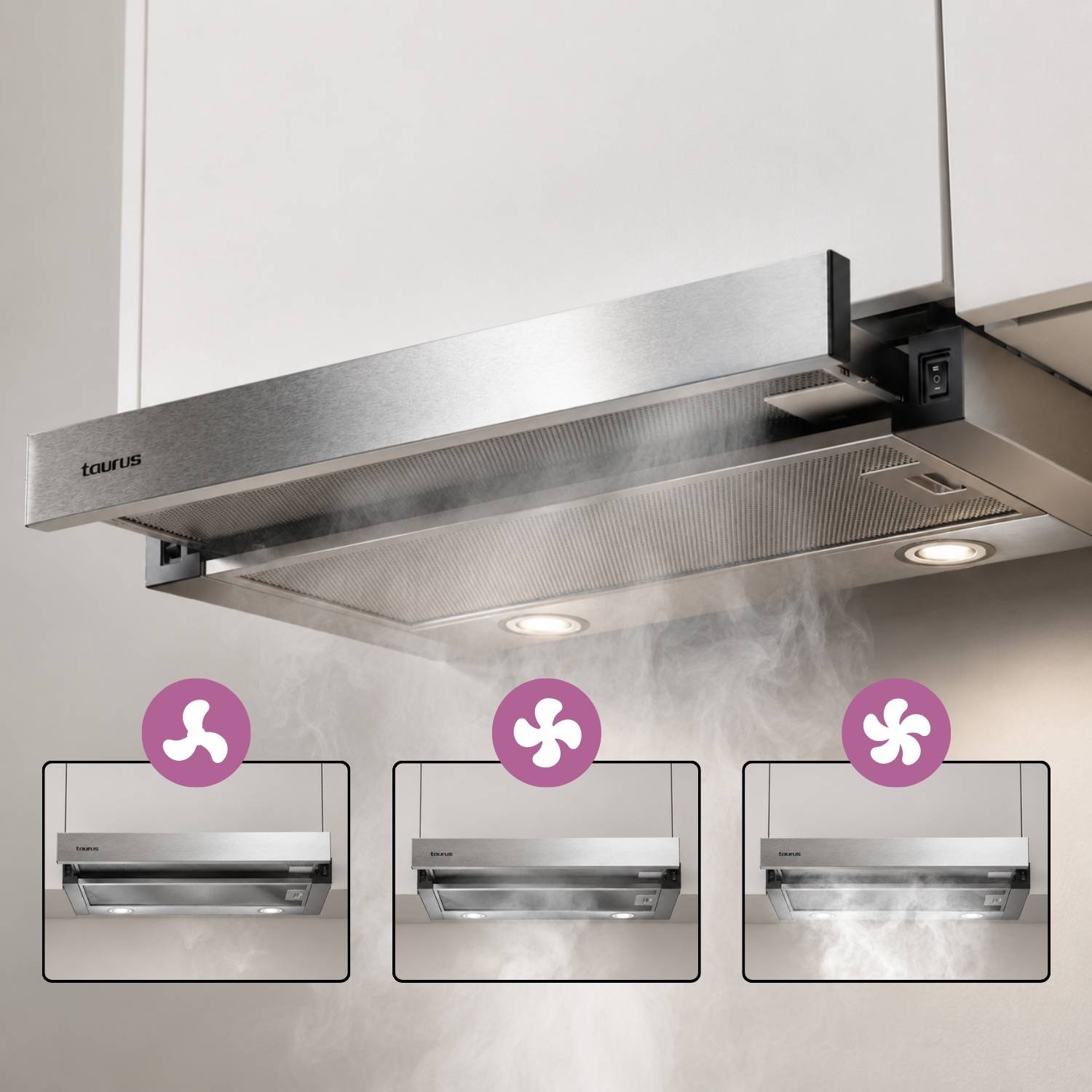 Campana extractora extraíble de acero inoxidable bajo un armario con vapor ascendente y tres niveles de potencia.