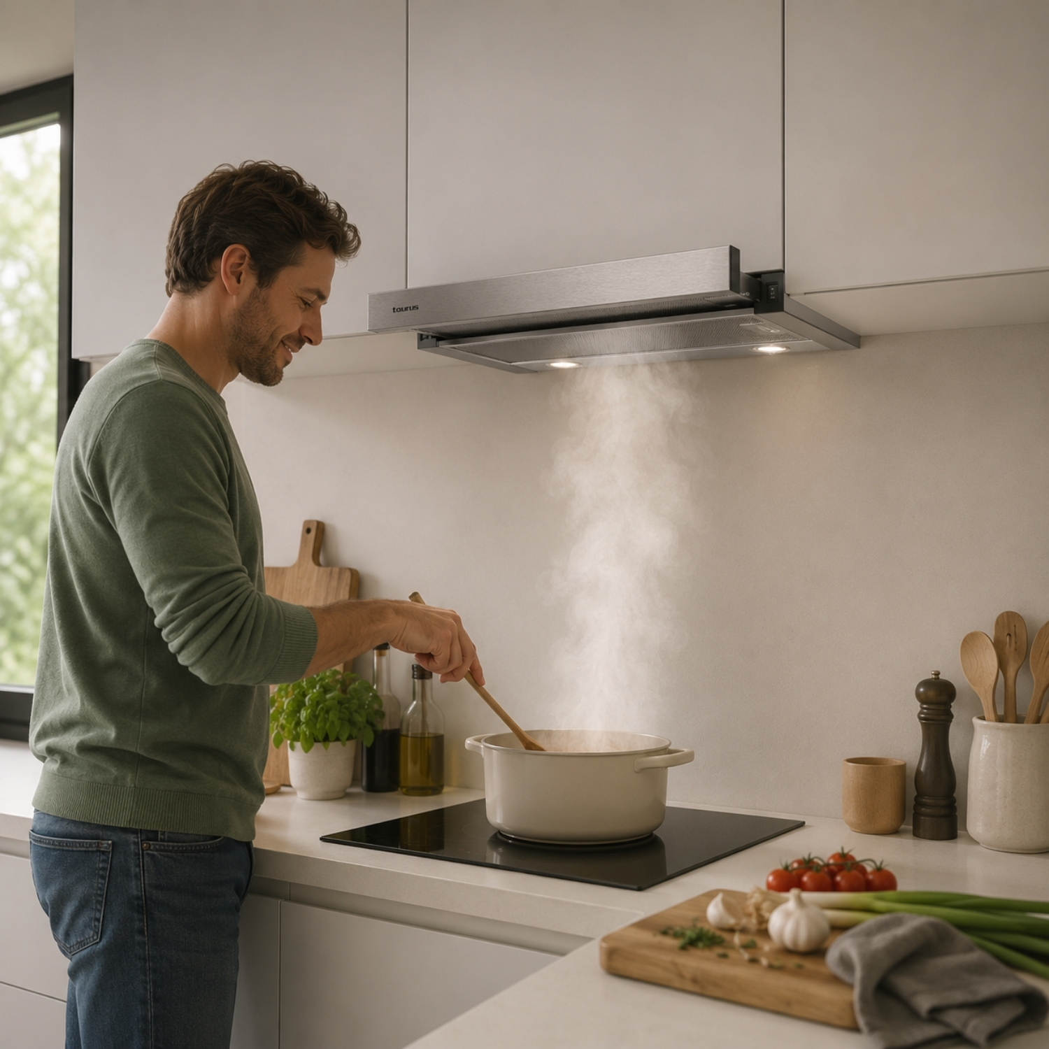 Un hombre cocina en la estufa de una cocina moderna mientras el vapor asciende bajo la campana extractora.
