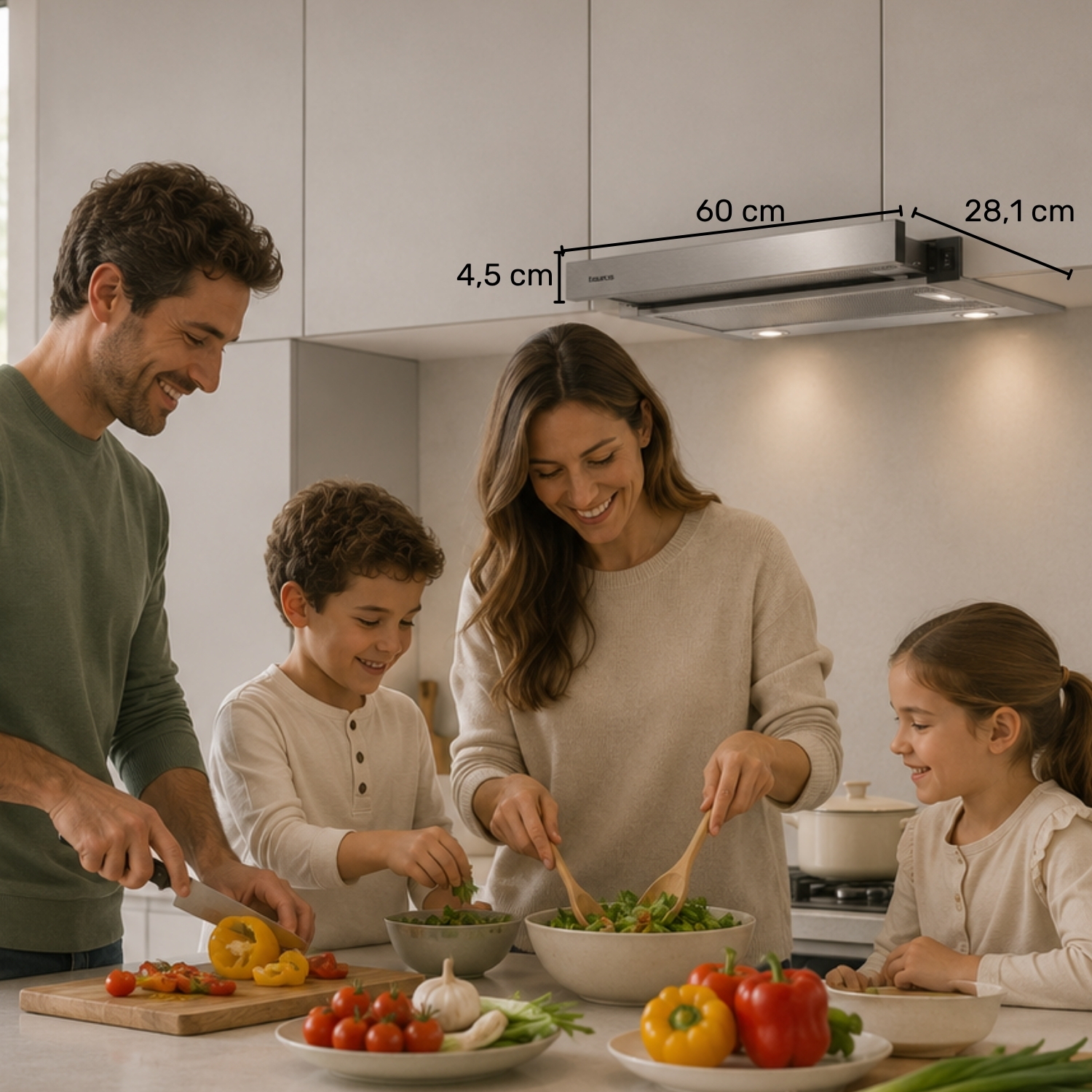 Una familia de cuatro prepara una comida juntos en una cocina luminosa con una campana extractora.