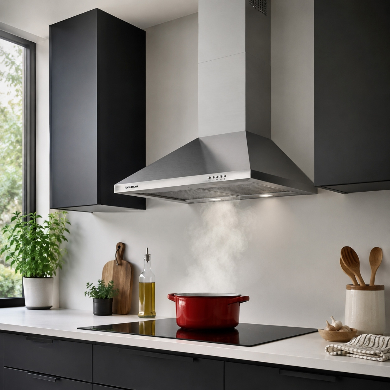 Una olla roja en una encimera con vapor subiendo hacia una campana extractora de acero inoxidable en una cocina moderna.