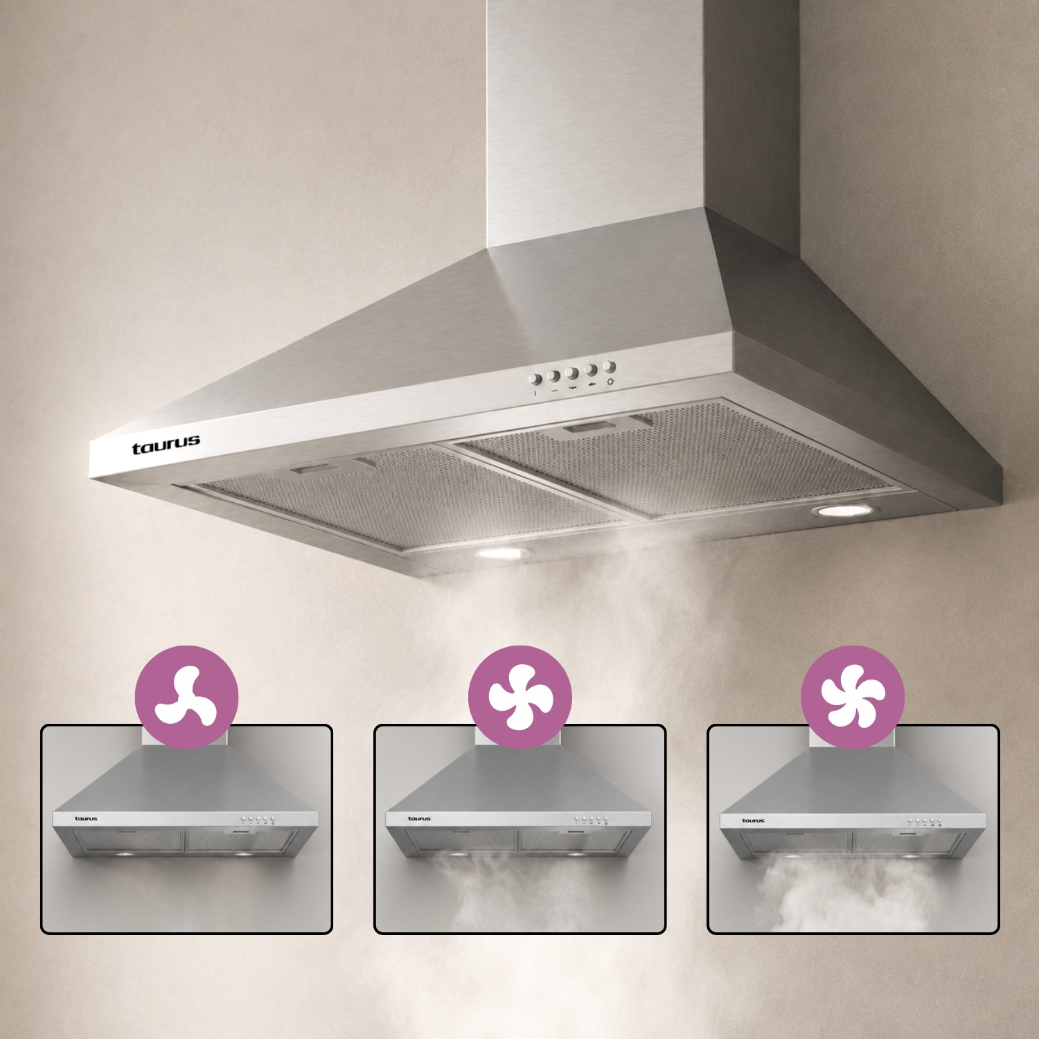 Campana extractora de acero inoxidable con tres ajustes para vapor y humo.