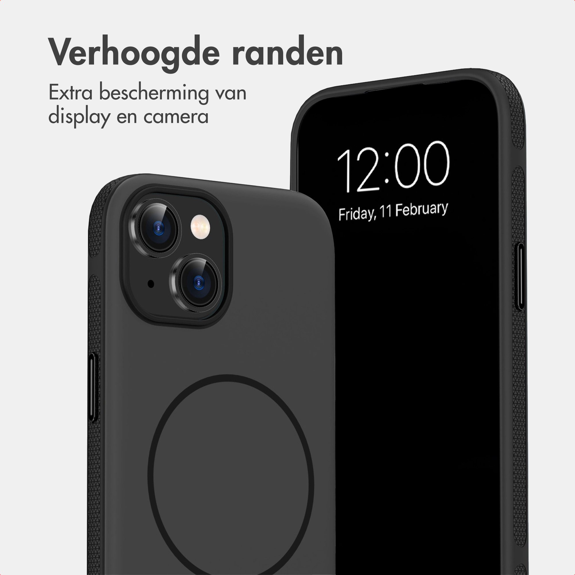 Twee zwarte telefoons in hoesjes tegen lichte achtergrond met tekst.