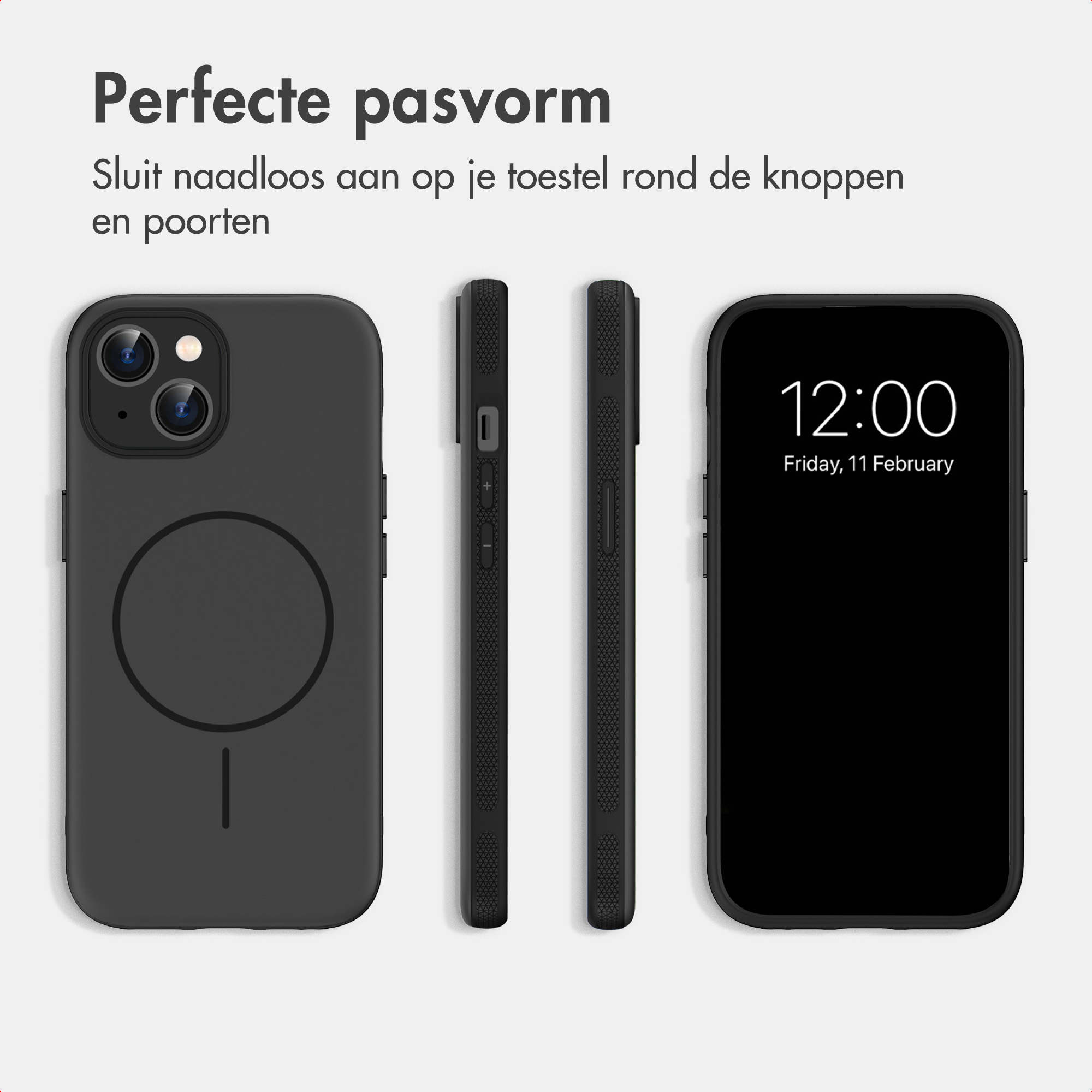 Zwarte telefoonhoes van alle kanten en een smartphone met tijd.