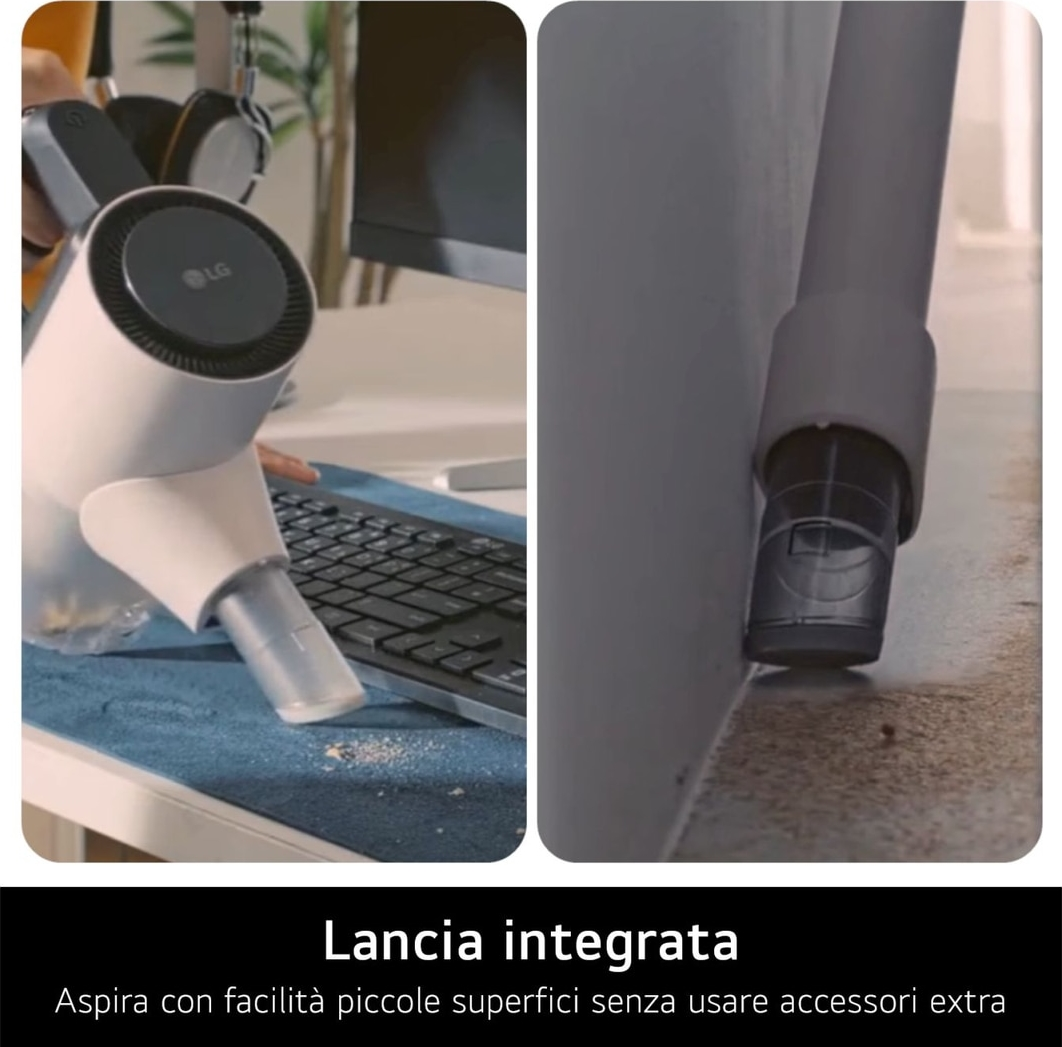 Una aspiradora de mano blanca limpia un teclado y la esquina de una habitación, con texto en italiano.