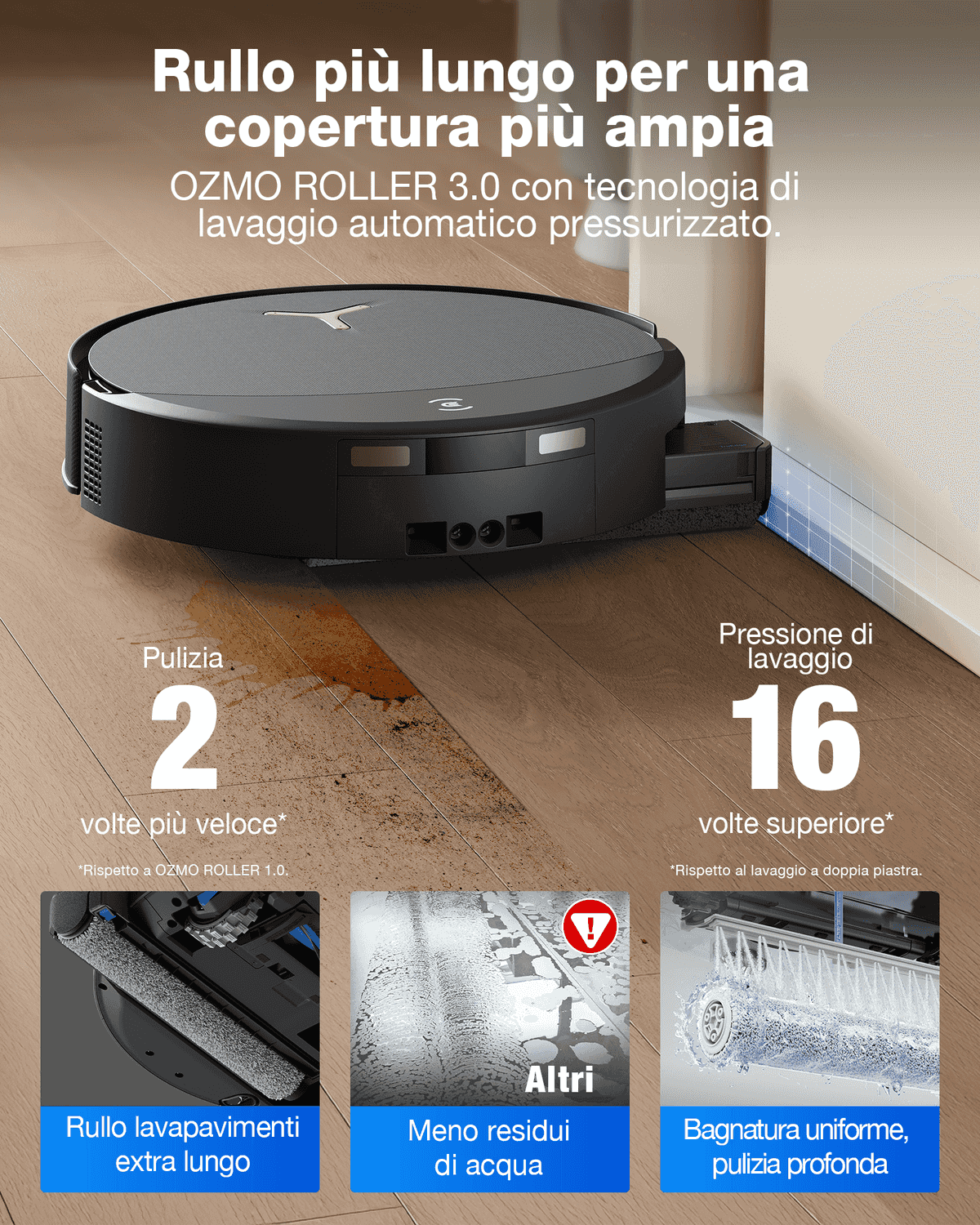 Un robot aspirateur noir sur sol en bois nettoyant une tâche, avec des textes promotionnels en italien.