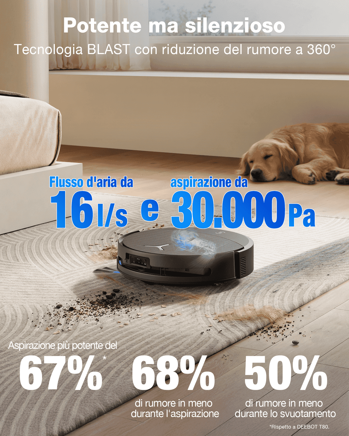 Un robot aspirateur nettoie un tapis pendant qu'un chien dort à l'arrière-plan.