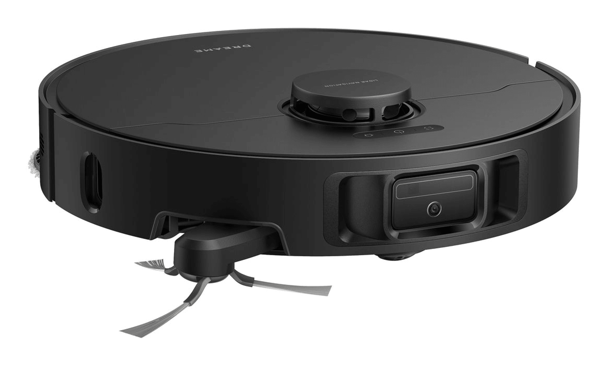 Un robot aspirador negro con sensor láser superior y cámara frontal sobre fondo blanco.