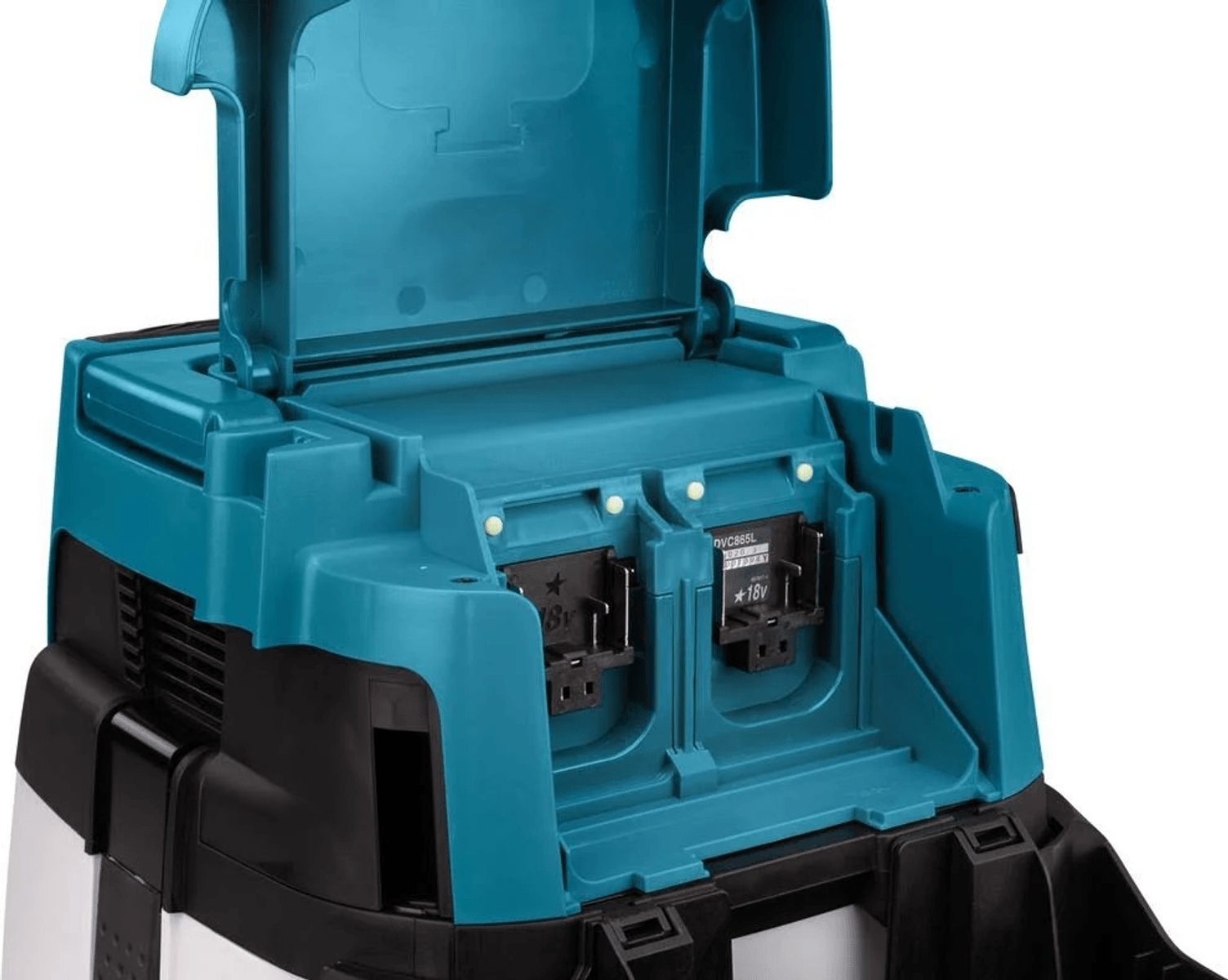 Herramienta eléctrica Makita azul y negra con una cubierta abierta que expone las ranuras para baterías.