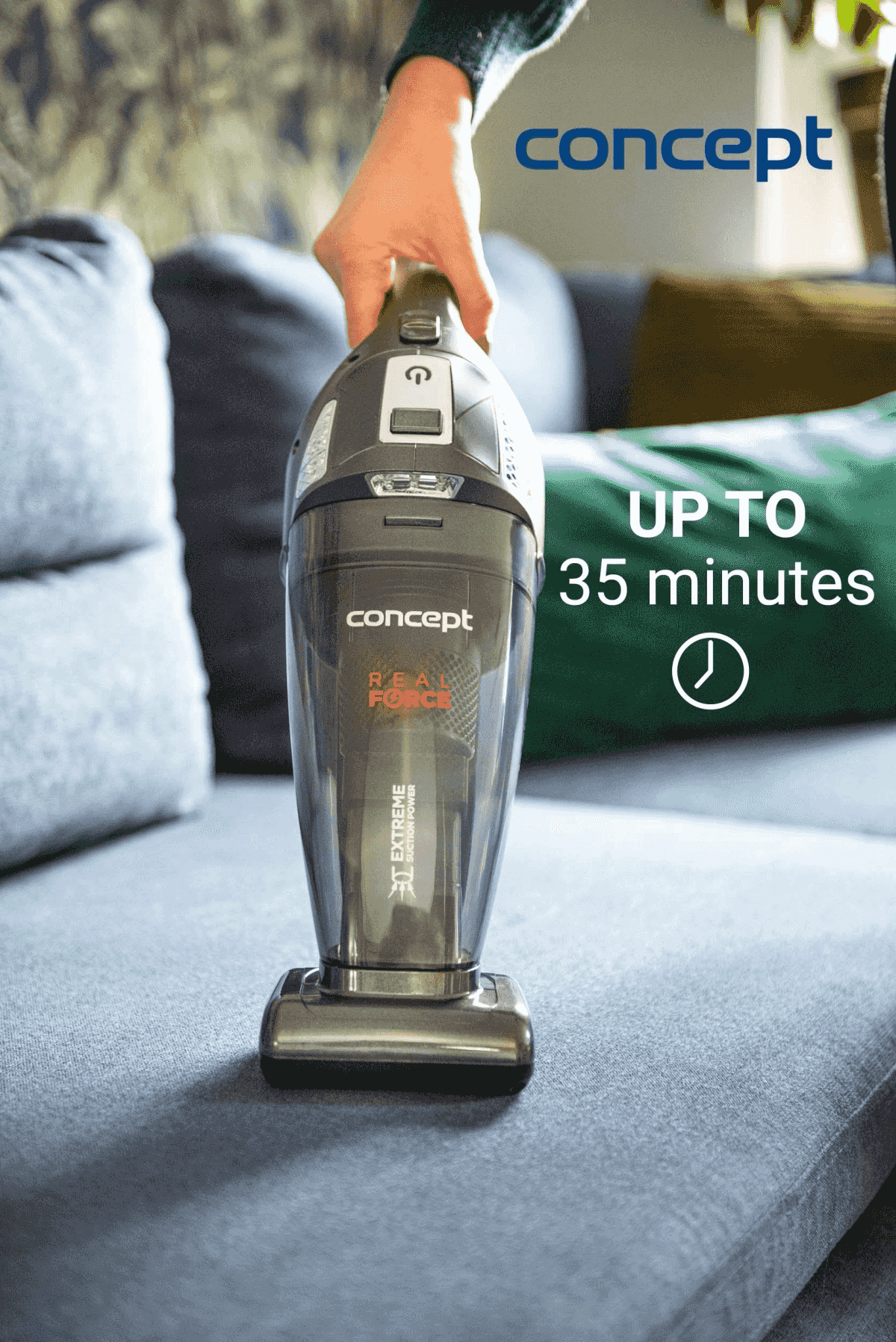 Aspirapolvere portatile Concept su un divano con il testo "fino a 35 minuti".