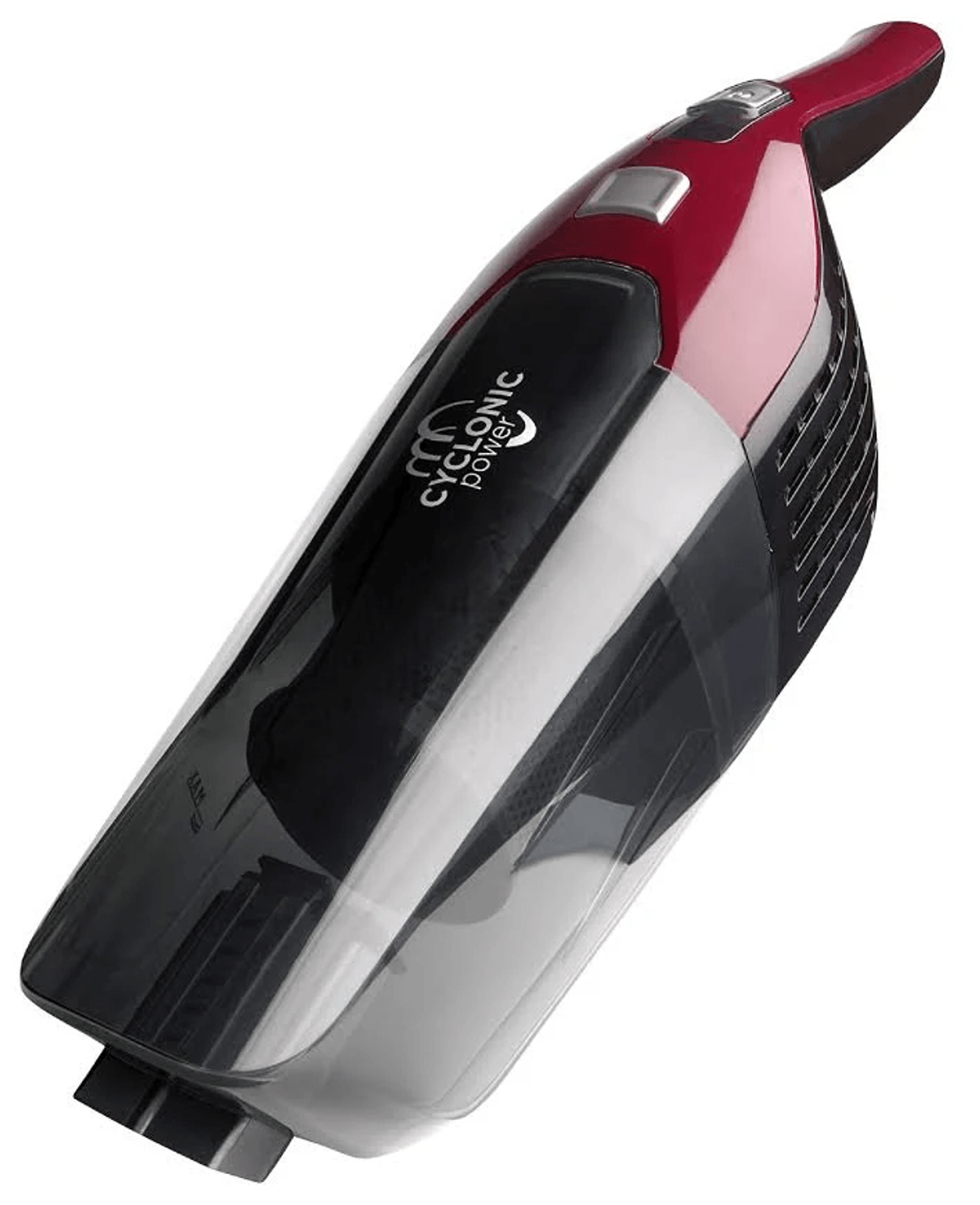 Un aspirapolvere portatile rosso e nero con un contenitore della polvere trasparente e la scritta Cyclonic Power.